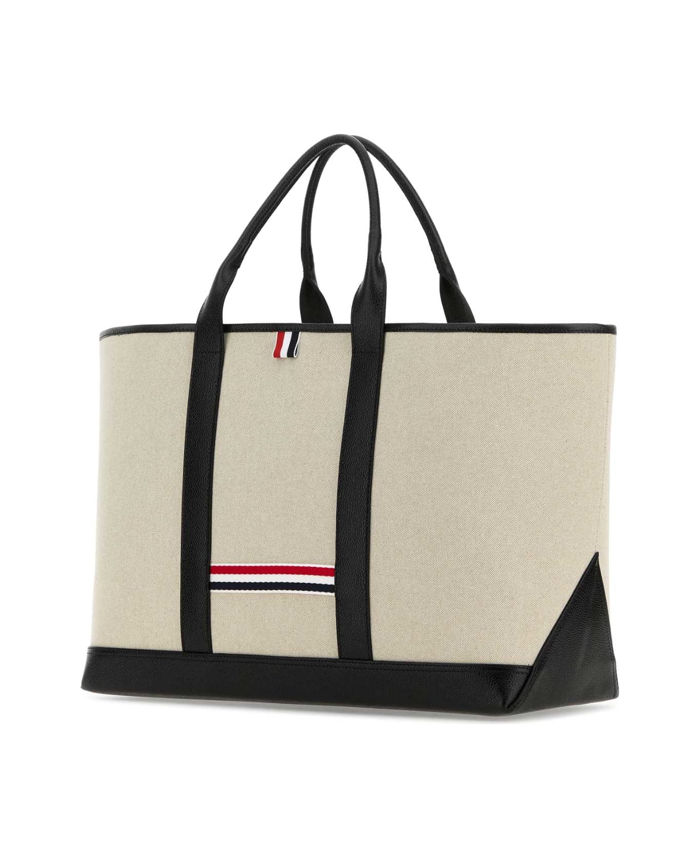 Thom Browne Sand Canvas Medium Rwb-stripe Shopping Bag - Black