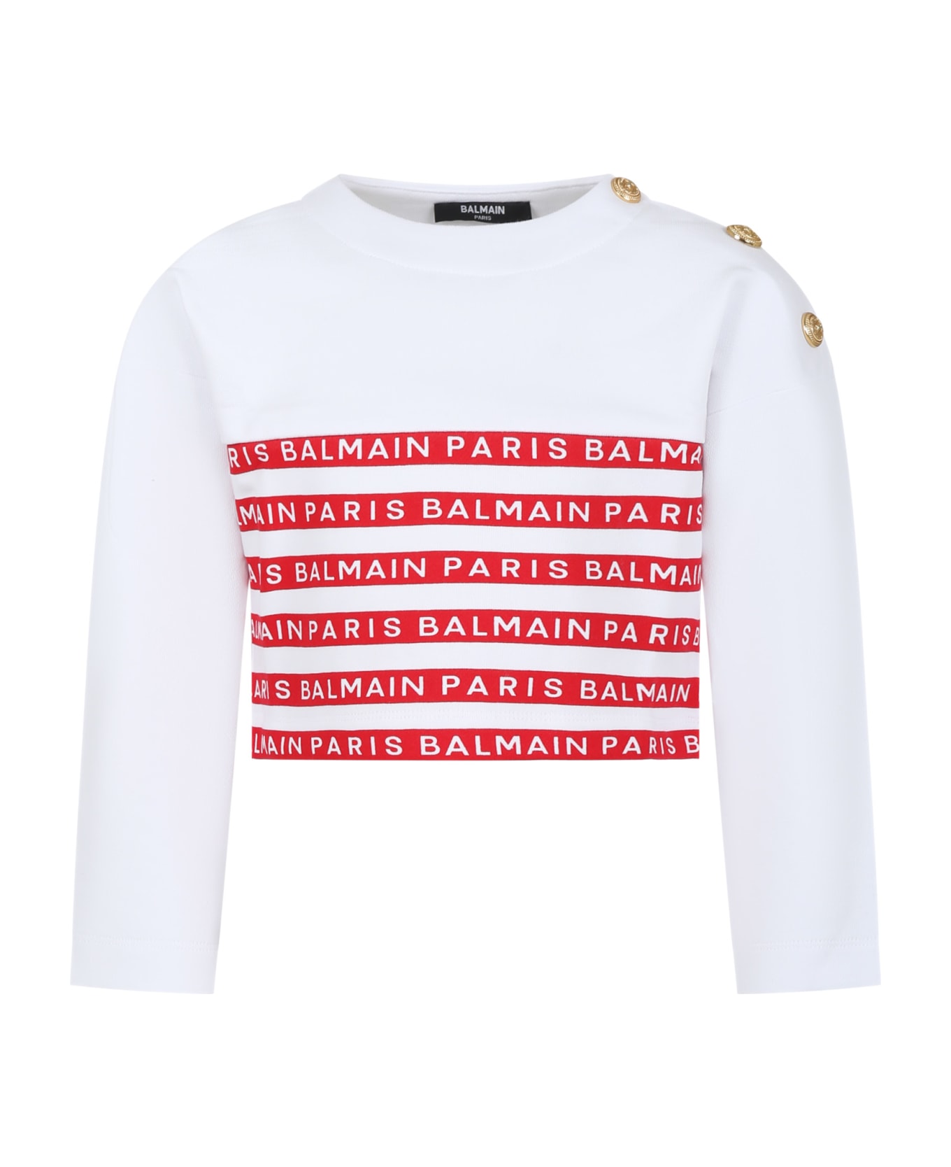 Balmain White Sweatshirt For Girl With Red Stripes And Logo - White