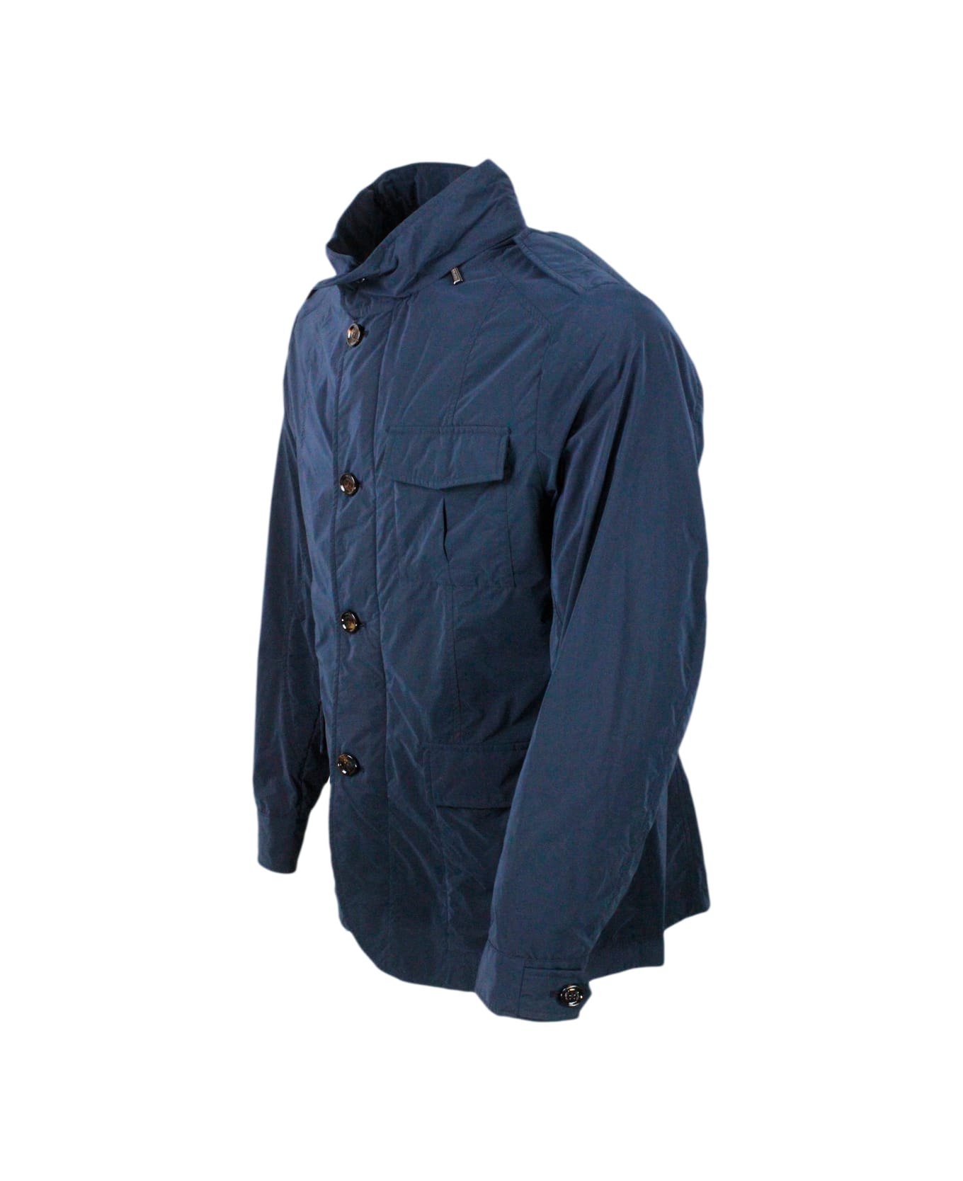 Moorer Lightweight Windproof Field Jacket Model In Technical Fabric With Concealed Hood And Zip And Button Closure - Blu ジャケット