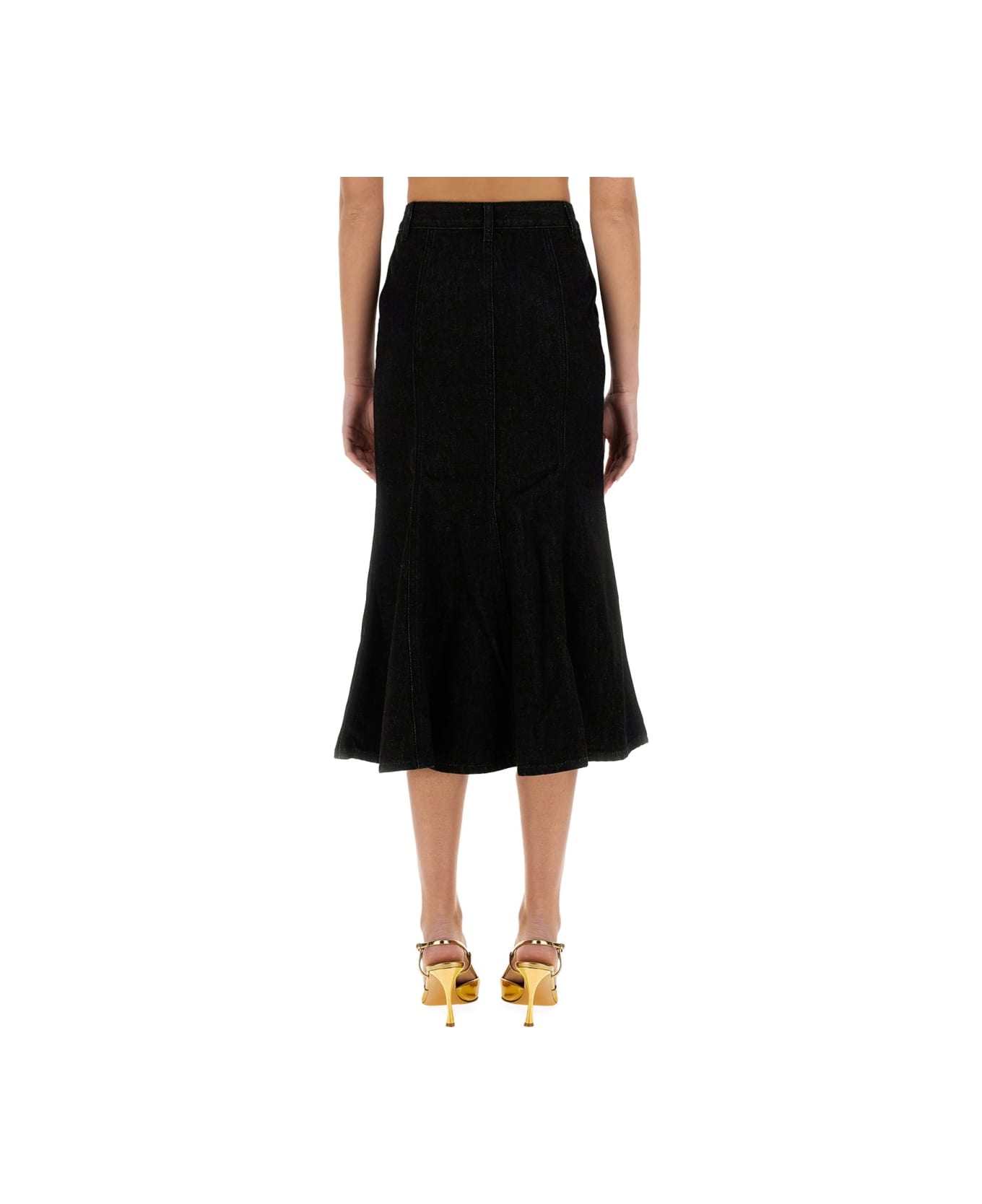 self-portrait Denim Flared Midi Skirt - BLACK