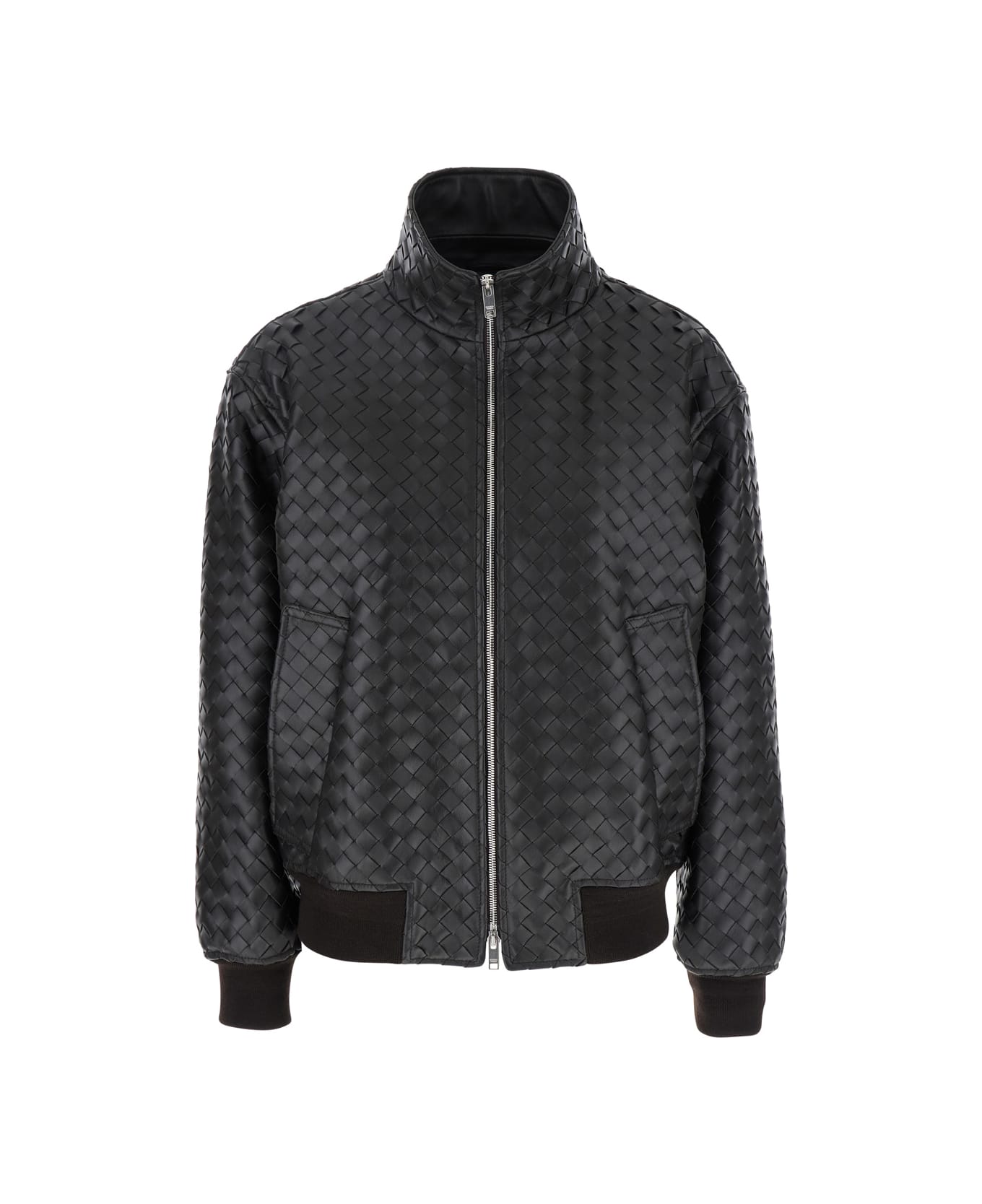 Bottega Veneta Brown Jacket With High Neck And All-over Intrecciato Motif In Leather Woman - Brown