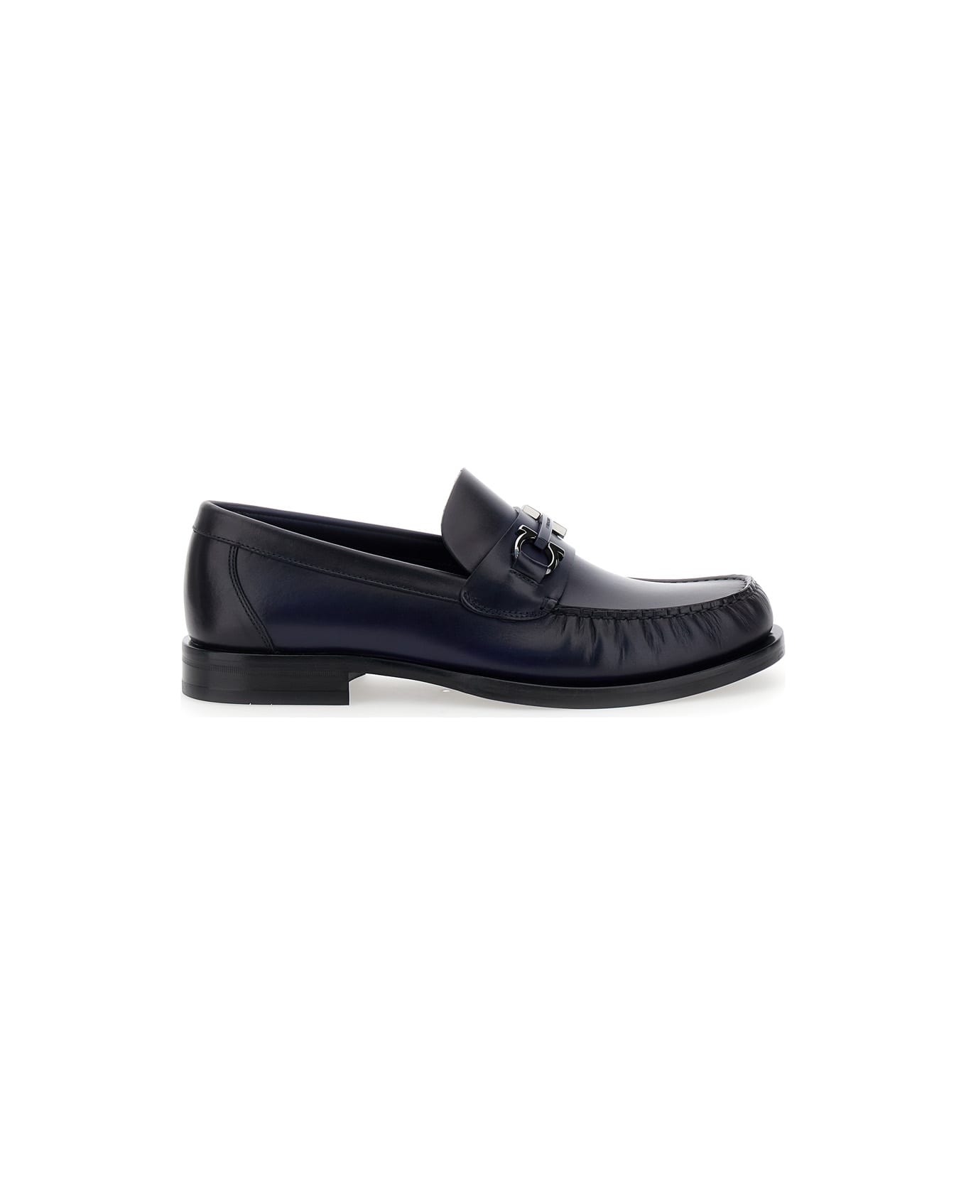 Ferragamo 'fort' Blue Slip-on Loafers With Gancini Detail In Brushed Leather Man - Blu