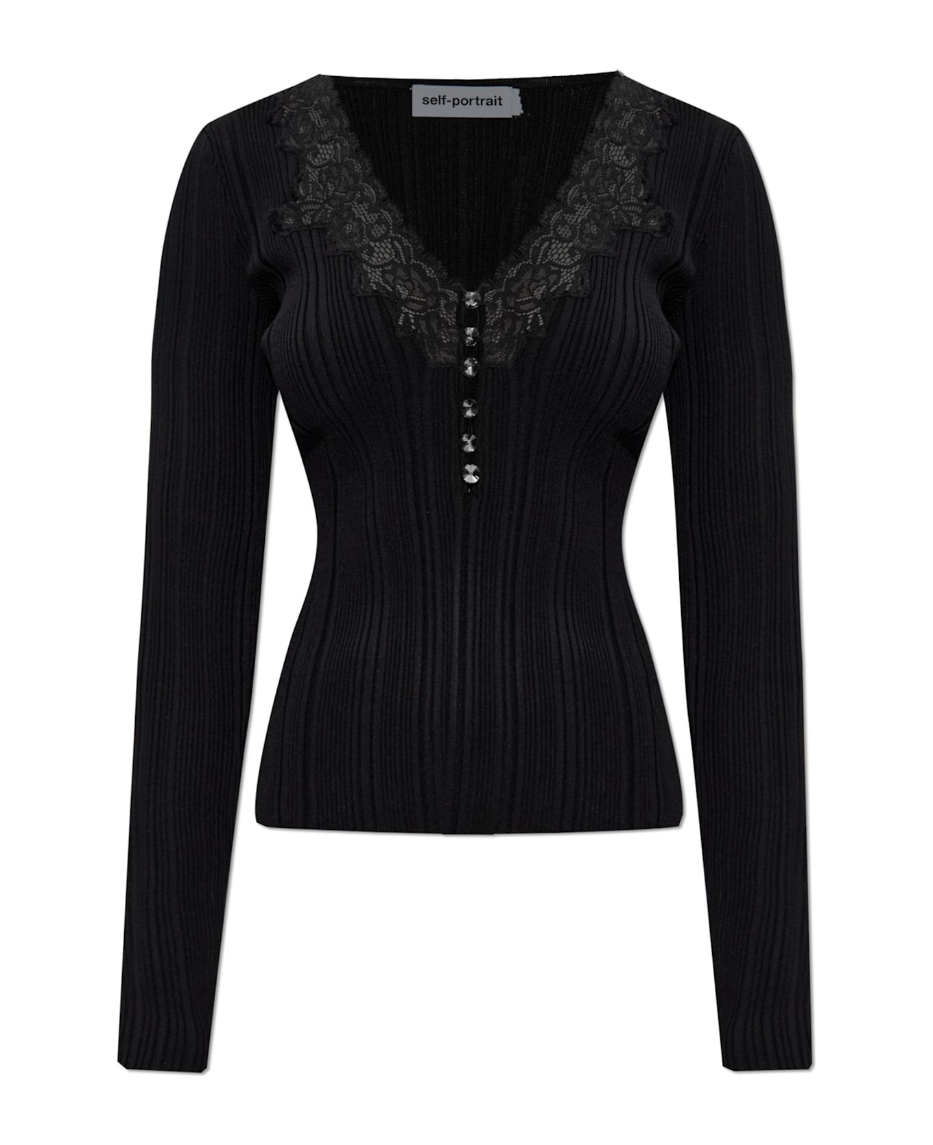 self-portrait Ribbed Top With Shiny Buttons - Black