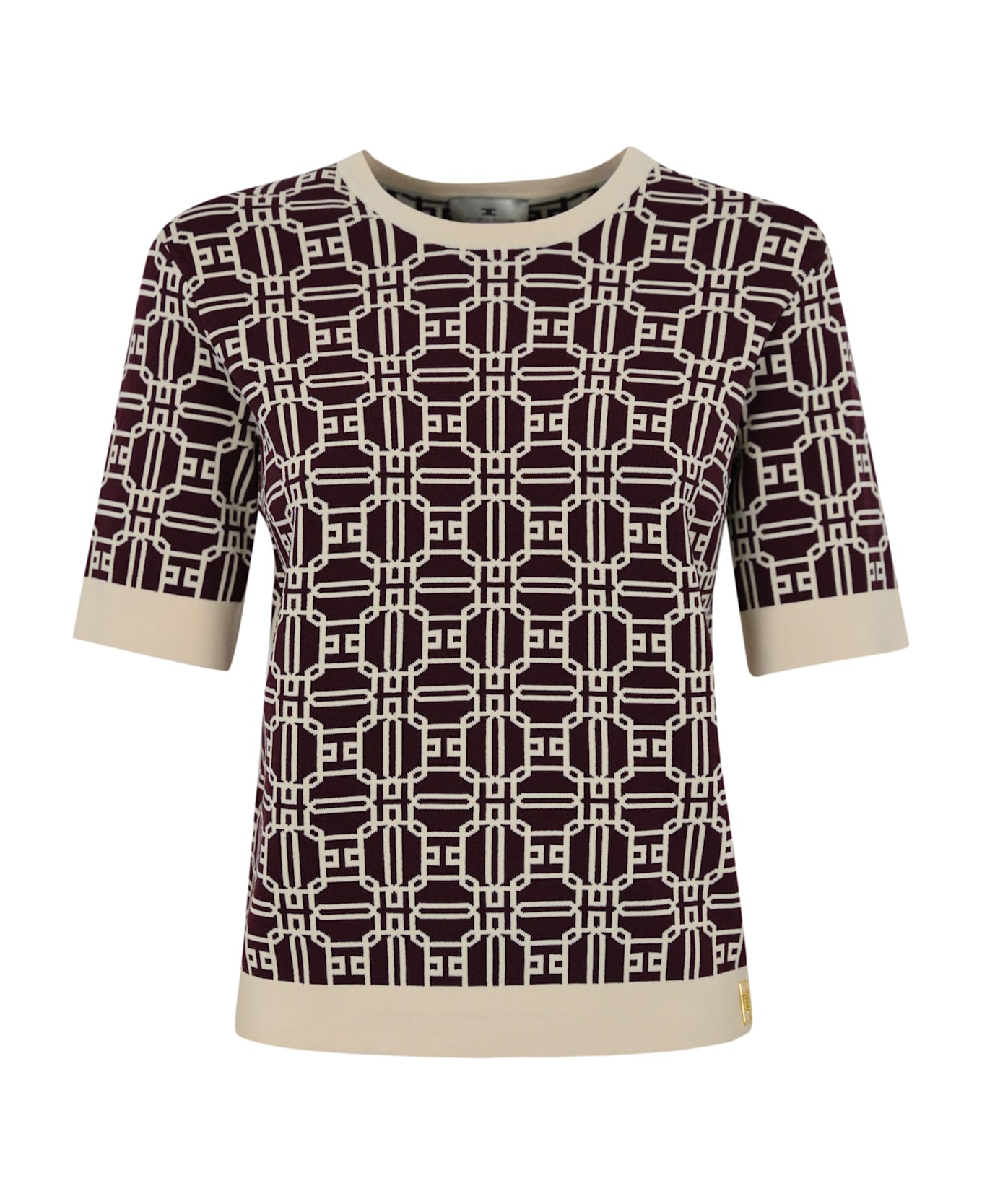 Elisabetta Franchi Logo Sweater In Jacquard Viscose - Rouge noir/burro