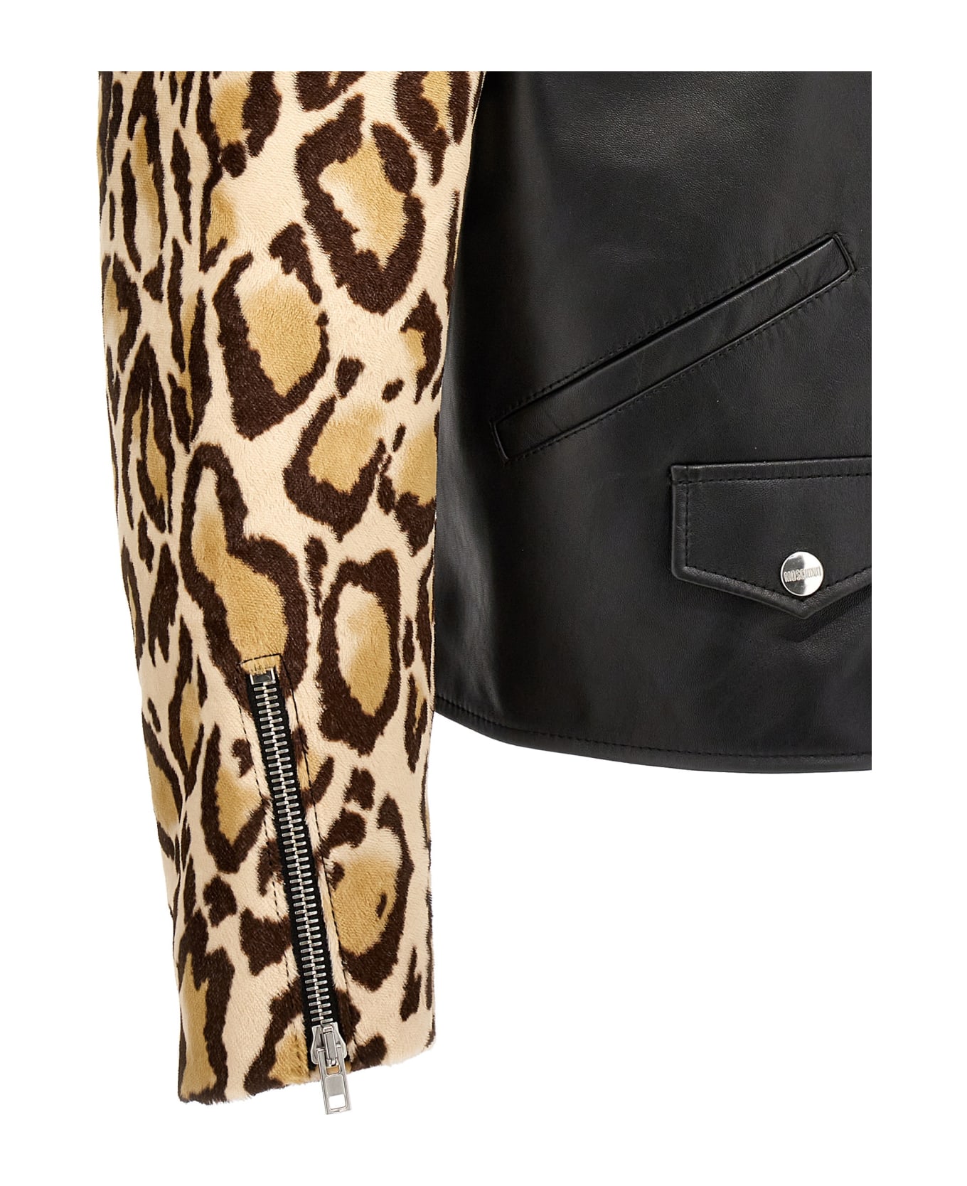 Moschino Animal-print Sleeves Leather Jacket - BLACK