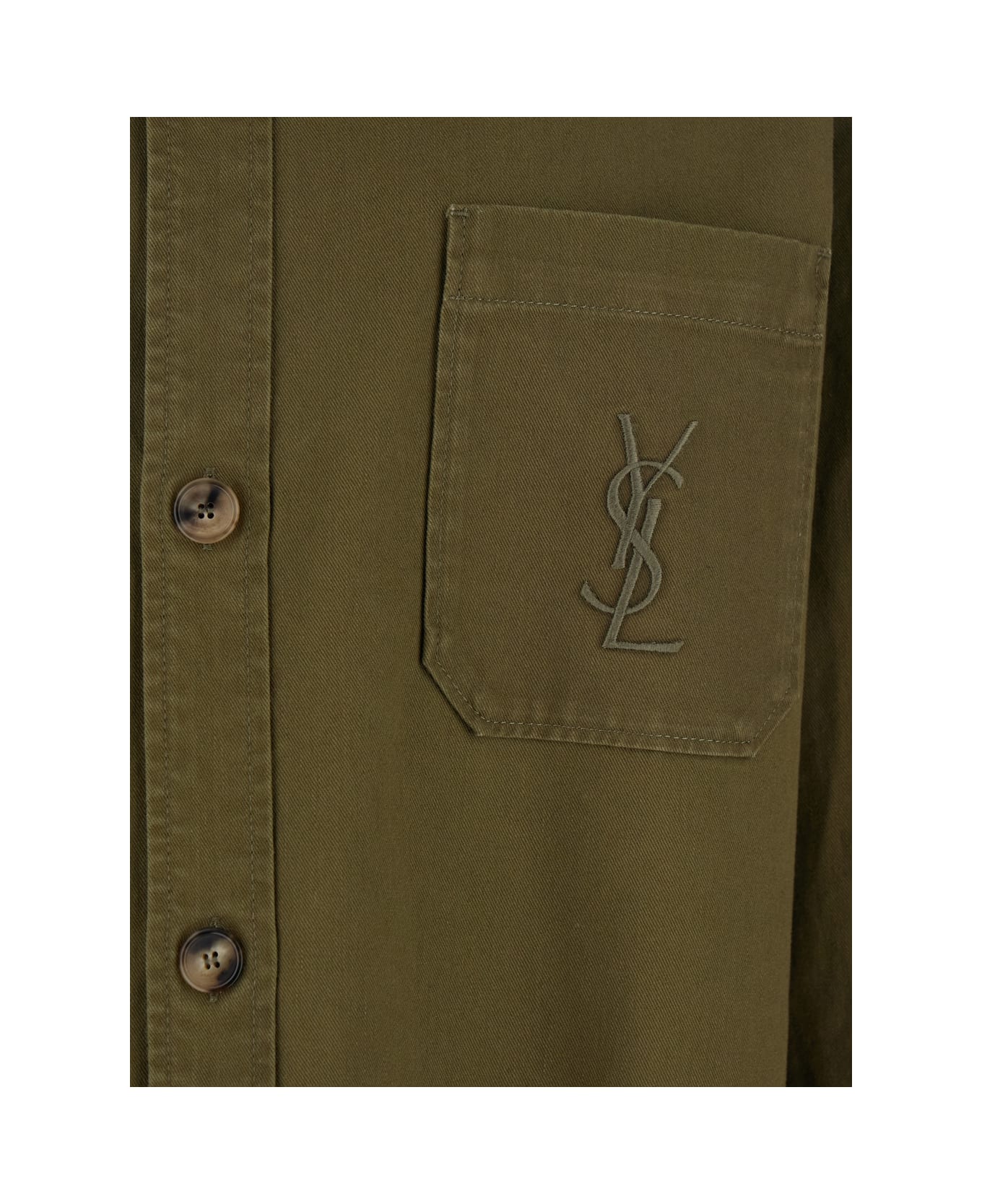 Saint Laurent Green Shirt With Classic Collar And Cassandre Embroidery On The Front In Cotton Man - Kaki
