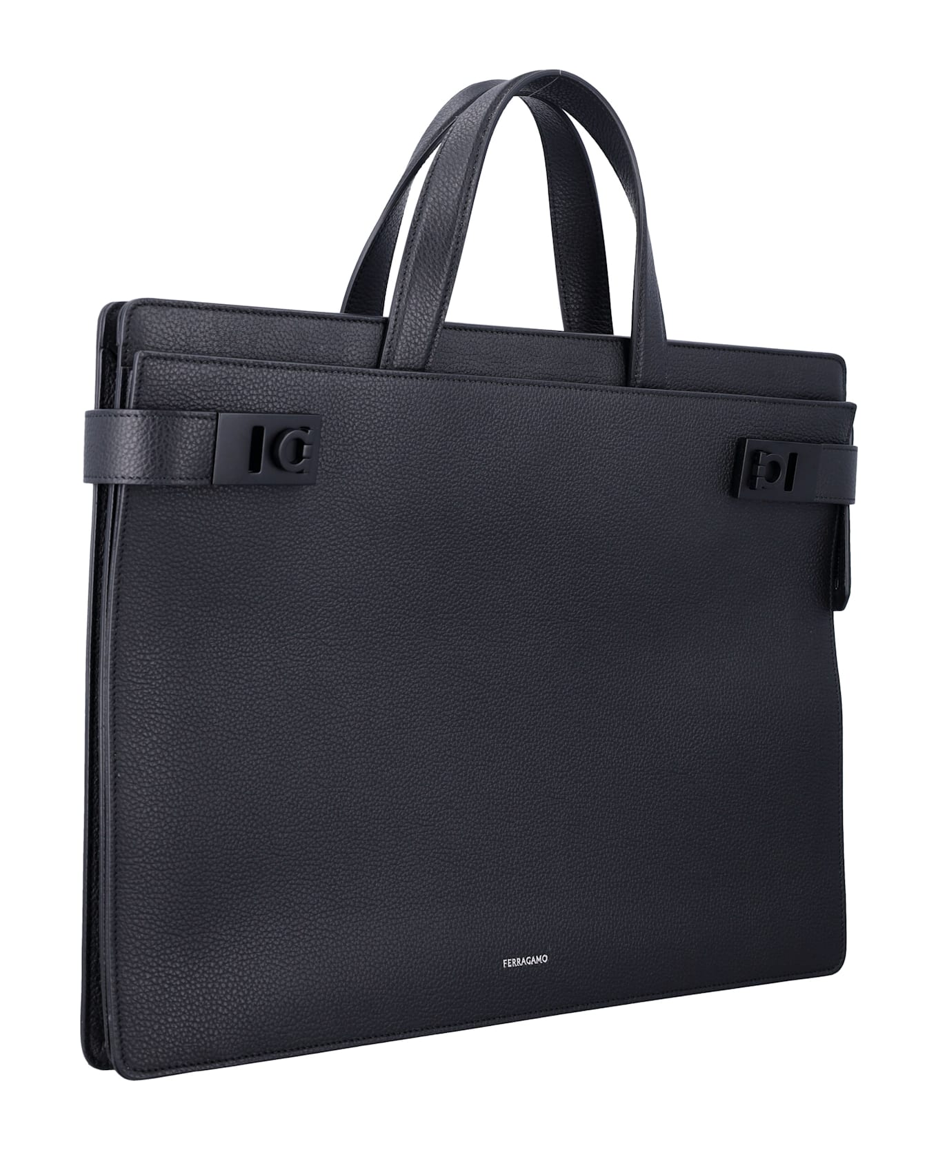 Ferragamo Briefcase With Gancini Buckles - BLACK