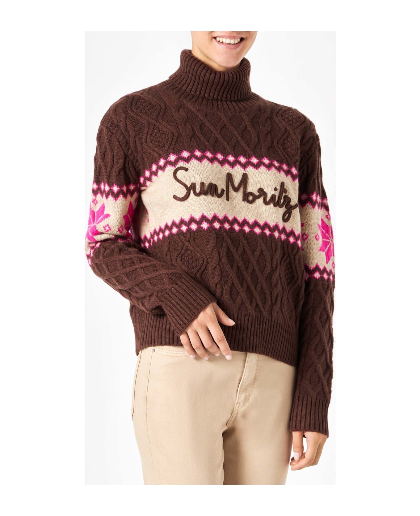 MC2 Saint Barth Woman Half-turtleneck Sweater With Sun Moritz Lettering - BROWN ニットウェア
