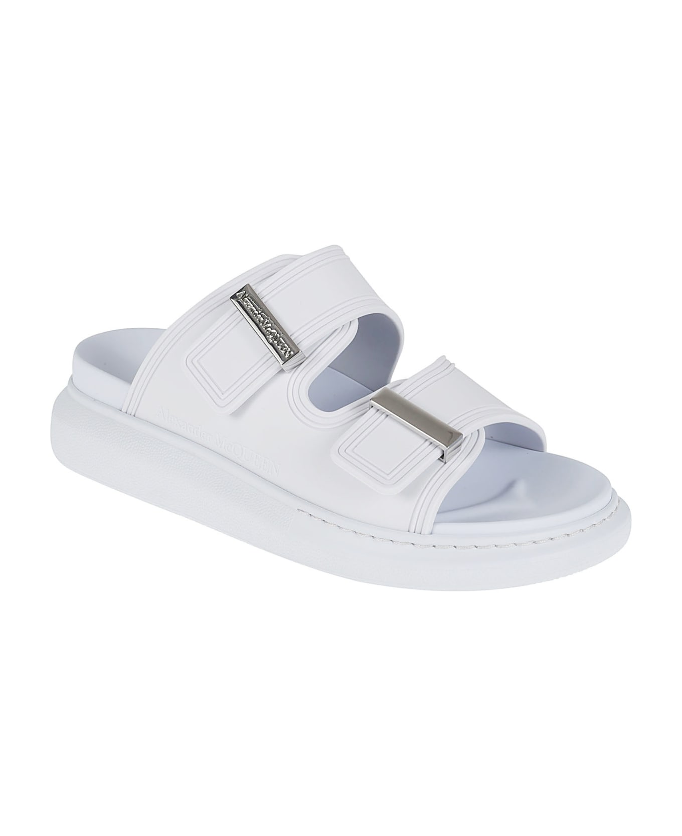 Alexander McQueen Logo Detailed Buckle Strap Sliders - Pale Lilac/Silver