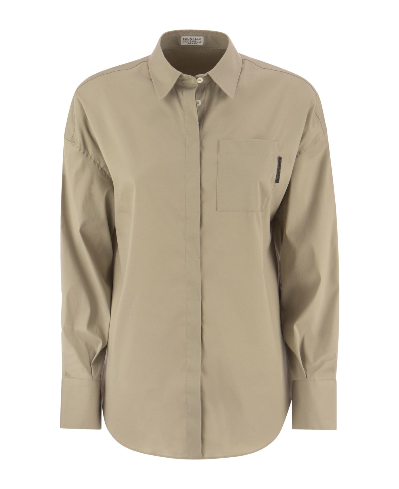 Brunello Cucinelli Stretch Cotton Poplin Shirt With 'shiny Tab' - Beige