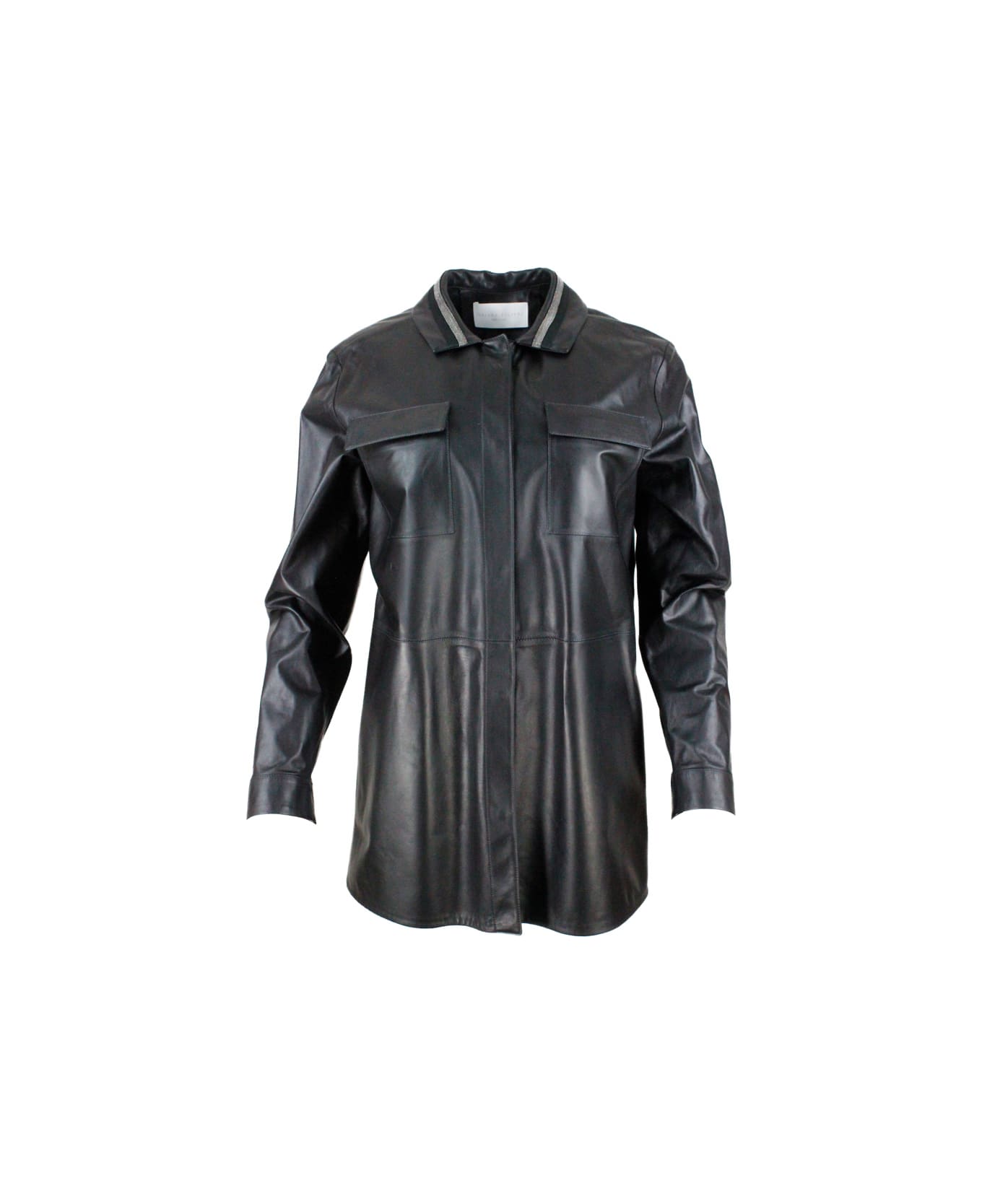 Fabiana Filippi Leather Shirt Jacket With Button Closure, With Belt And With Monile On The Collar - Black コート