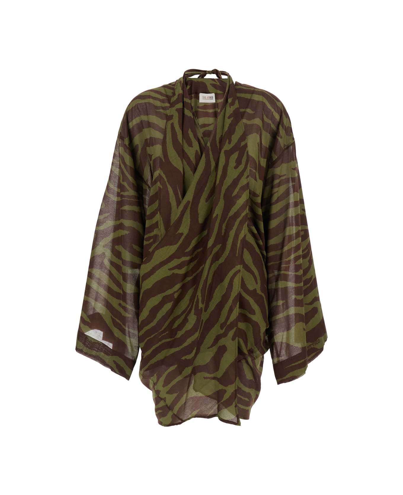 The Attico Green Mini Dress With Plunging V Neck And All-over Print In Cotton Woman - Green