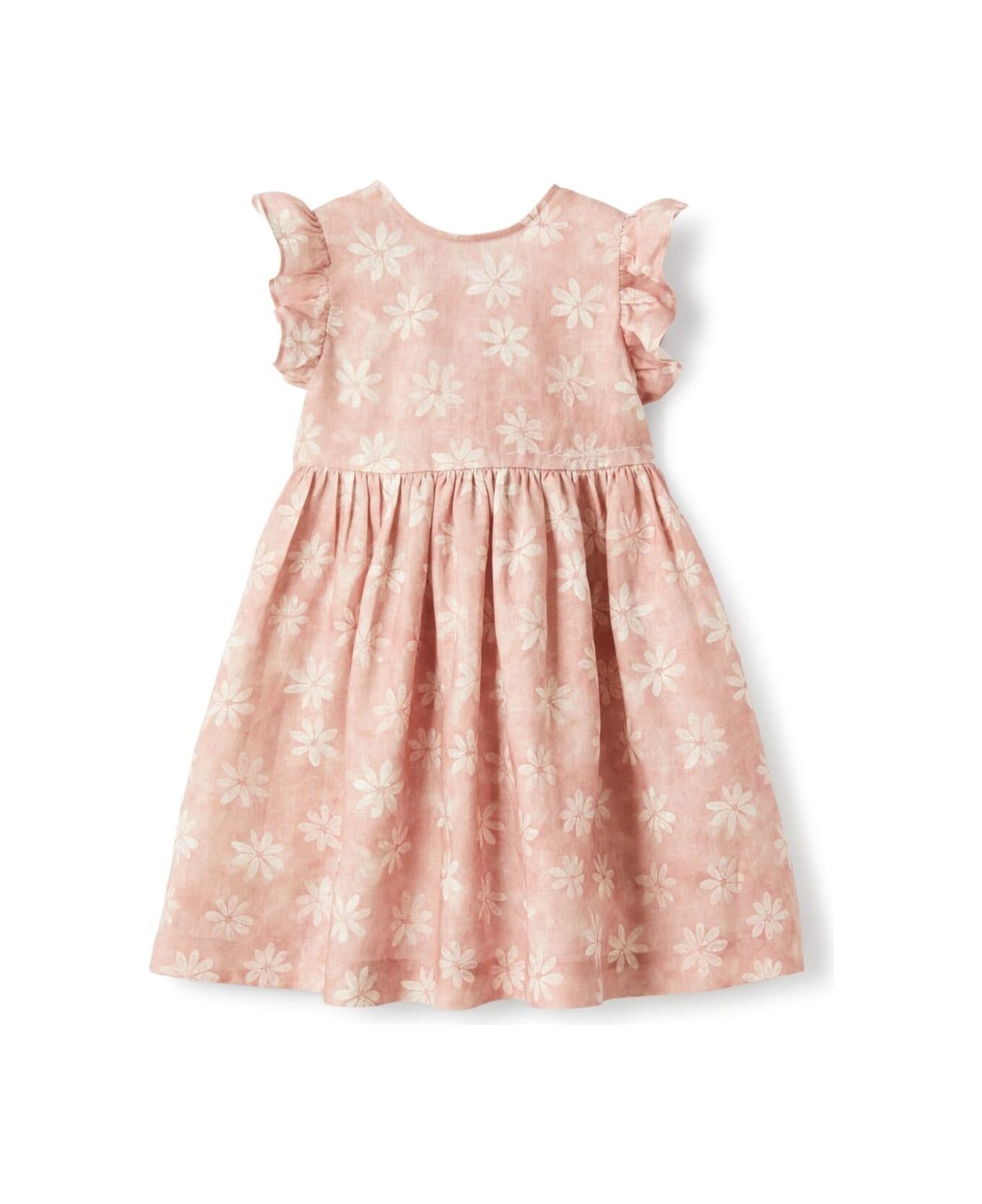 Il Gufo Pink Dress With Rear Bow And All-over Floral Motif In Linen Girl - Pink