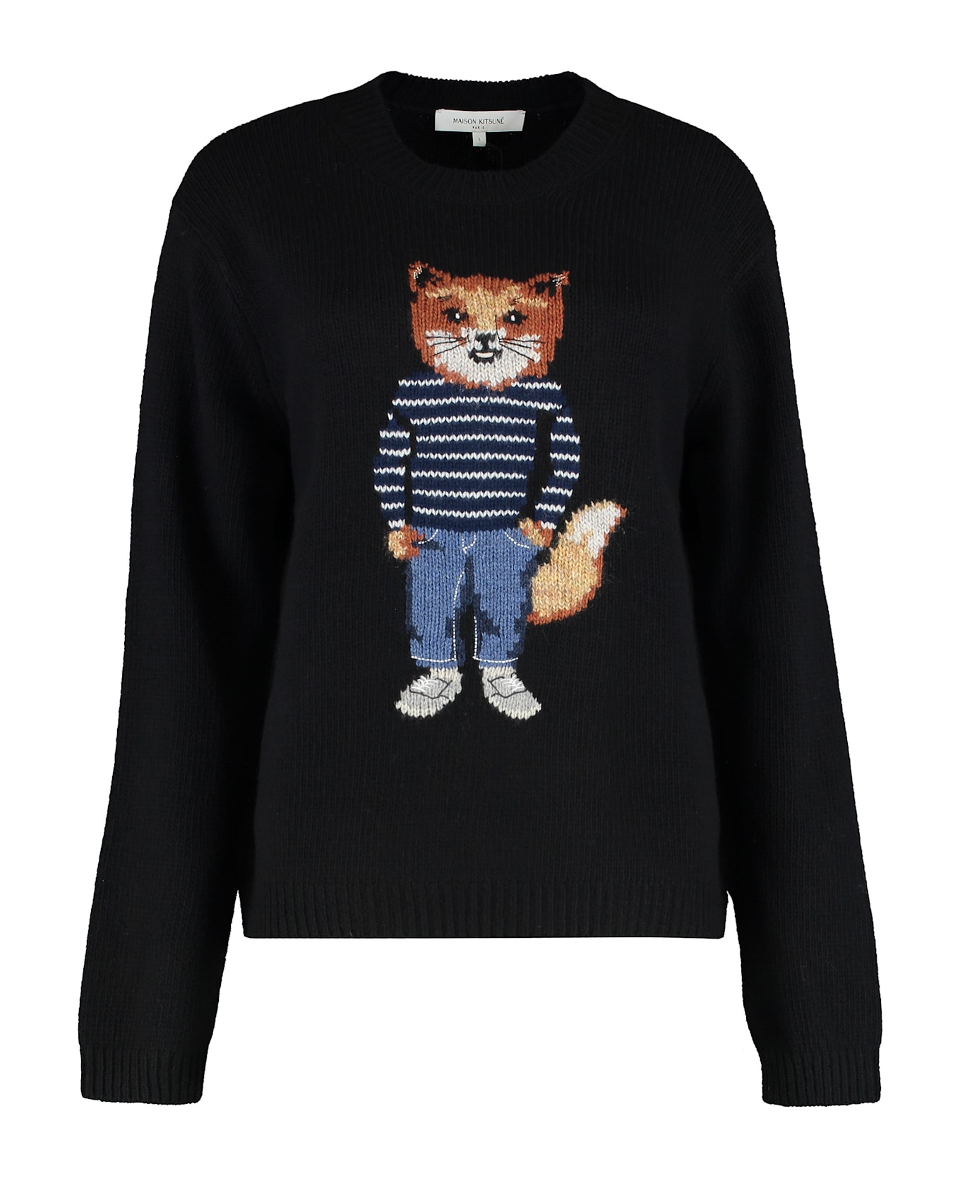 Maison Kitsuné Crew Neck Sweater In Merino Wool - black