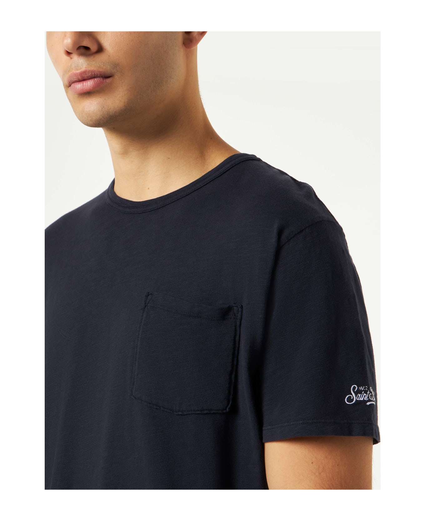 MC2 Saint Barth Man Blue Navy T-shirt With Front Pocket - BLUE