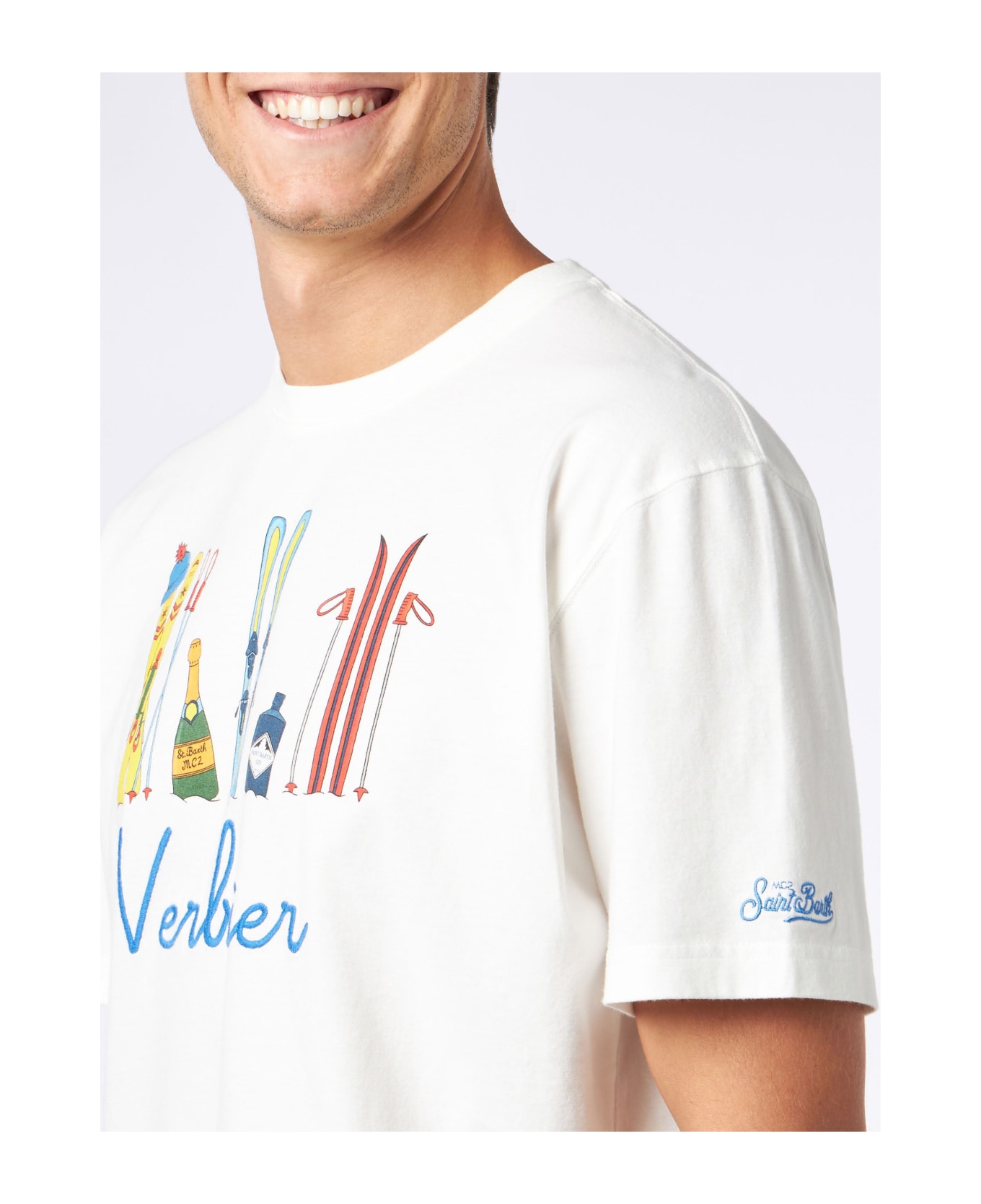MC2 Saint Barth Man Heavy Cotton T-shirt With Verbier Front Embroidery - WHITE