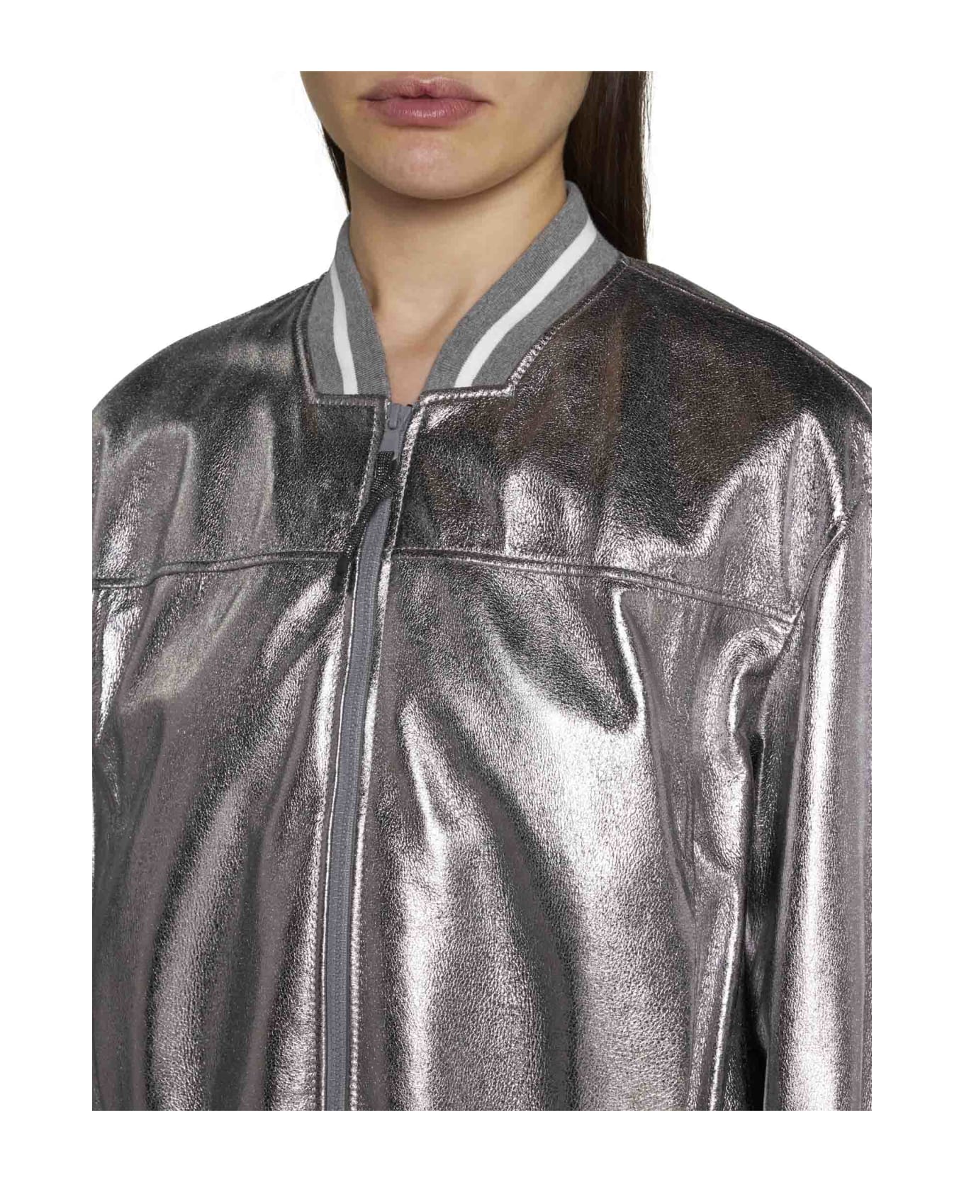 Brunello Cucinelli Laminated Leather Bomber Jacket - Silver
