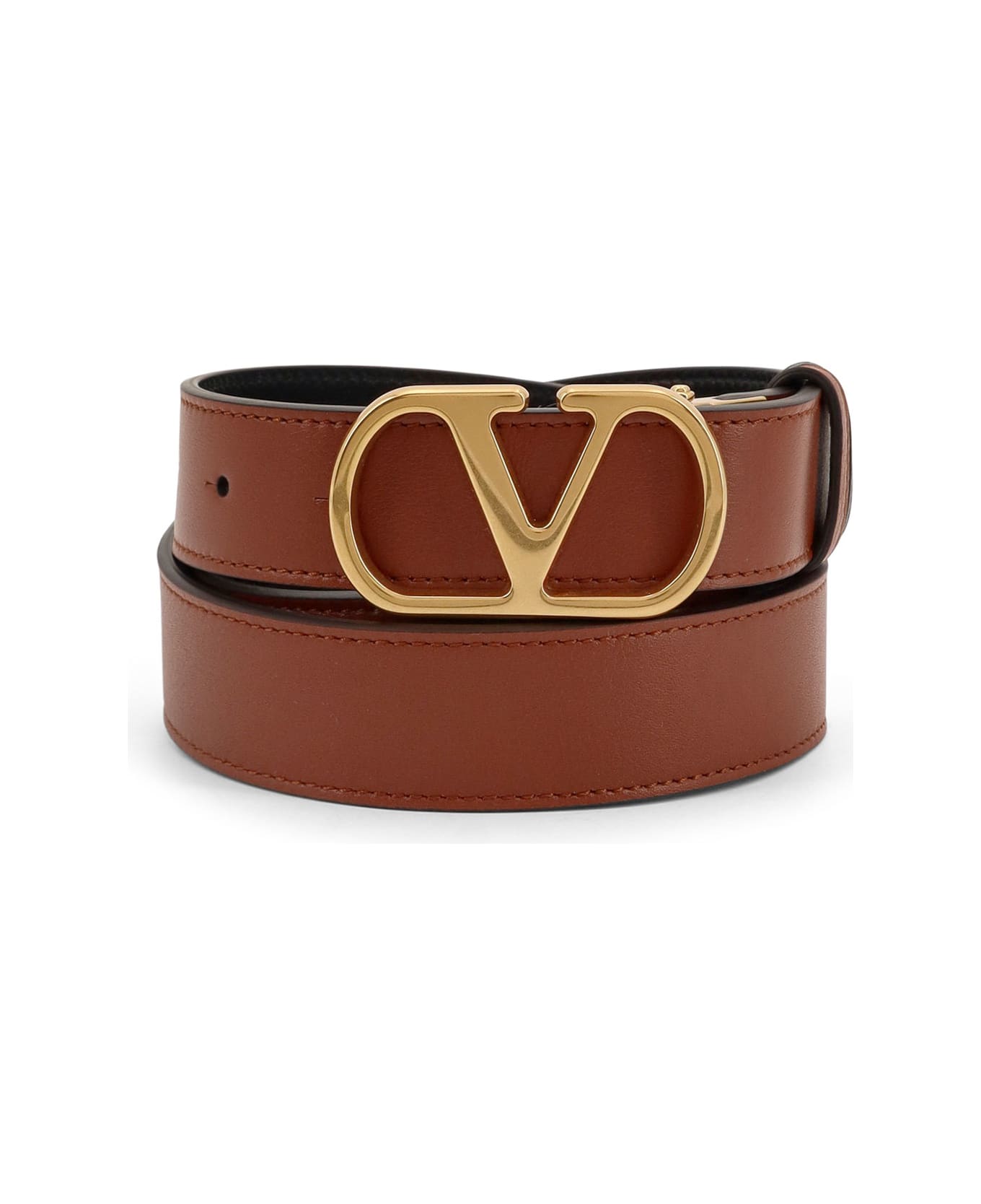Valentino Garavani Leather Belt - DEEP CARAMEL/NERO