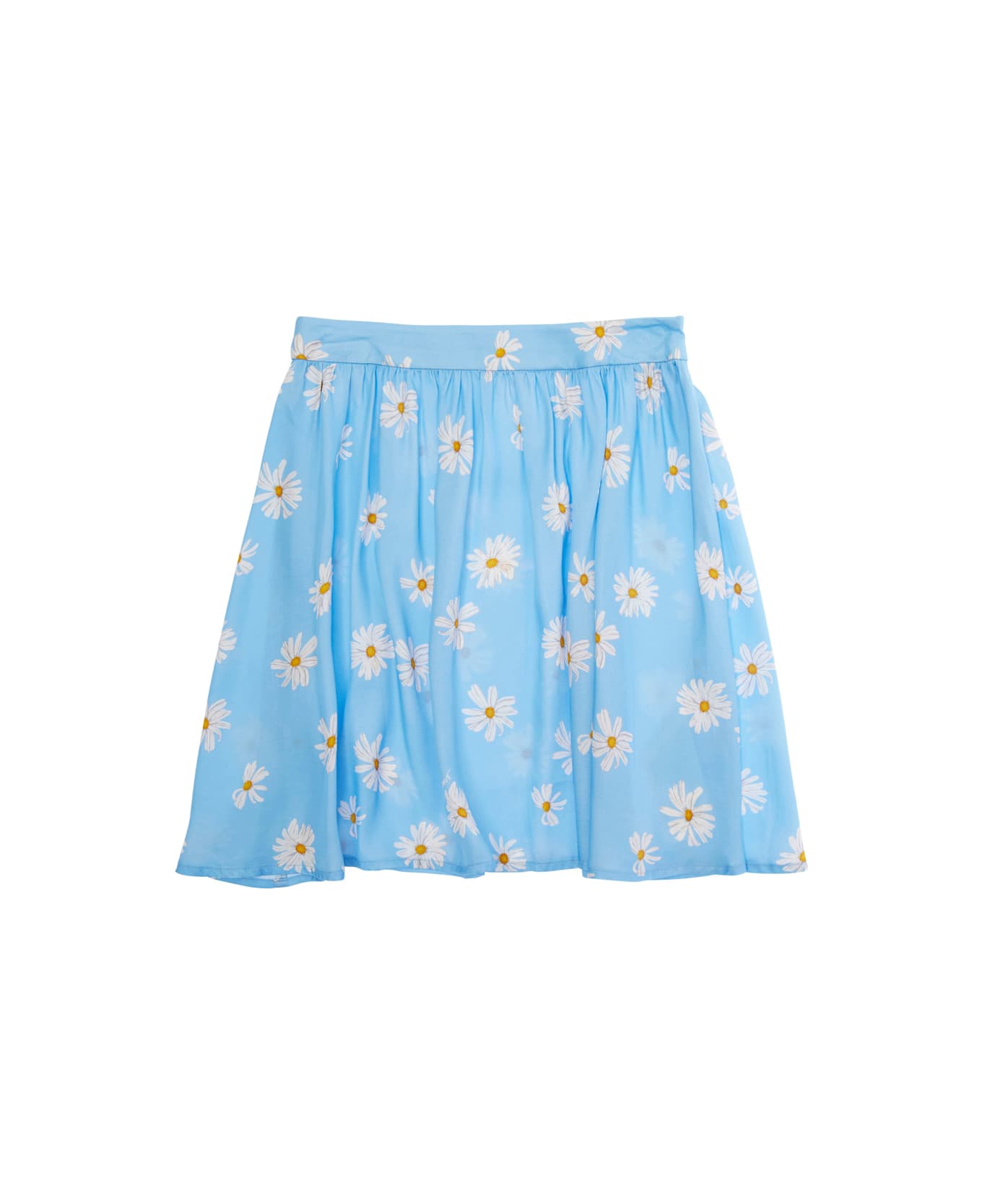 Moschino Light Blue Skirt With Ruches And All-over Floral Print In Viscose Girl - Light blue