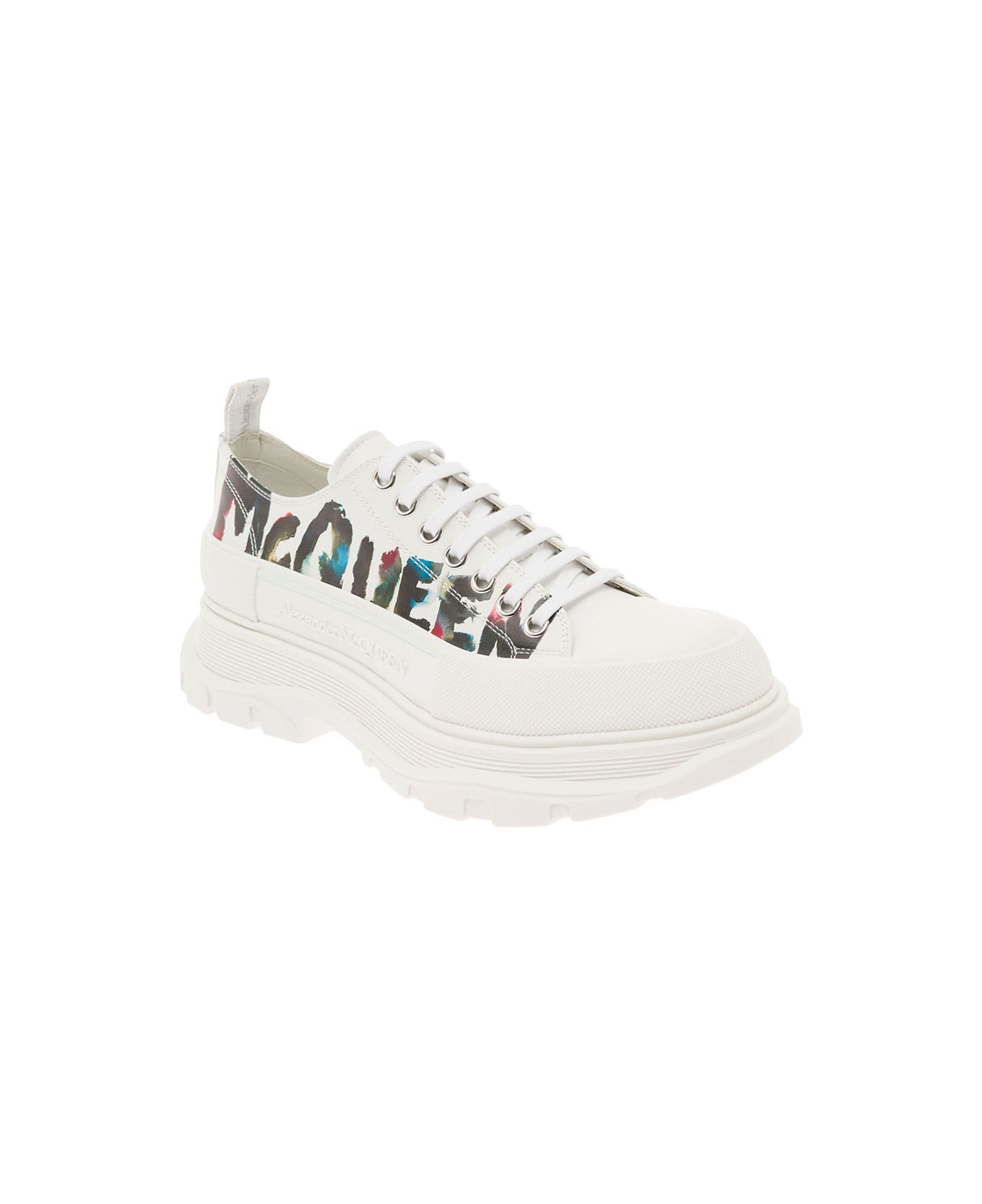Alexander McQueen White 'tread Slick' Sneakers With Graffiti Logo Print In Calf Leather - White