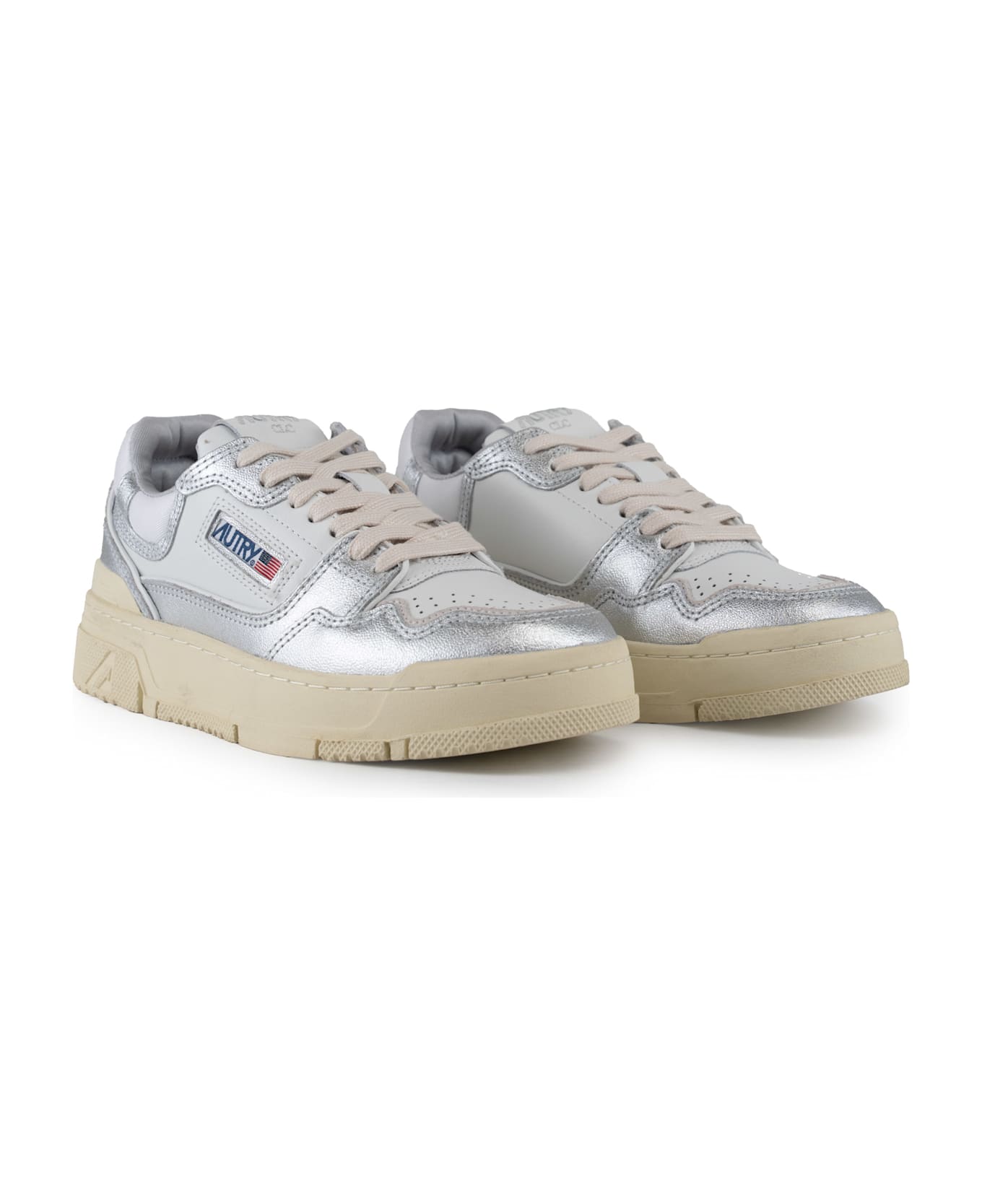 Autry Clc Sneakers In Metal Leather - Met/bot wht/silver