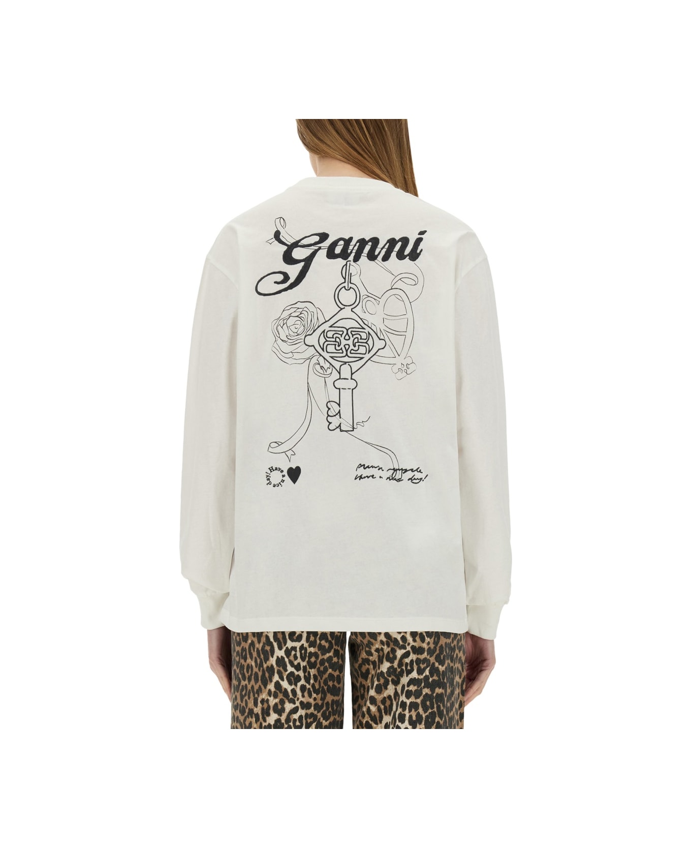 Ganni Cotton Embroidered T-shirt - WHITE