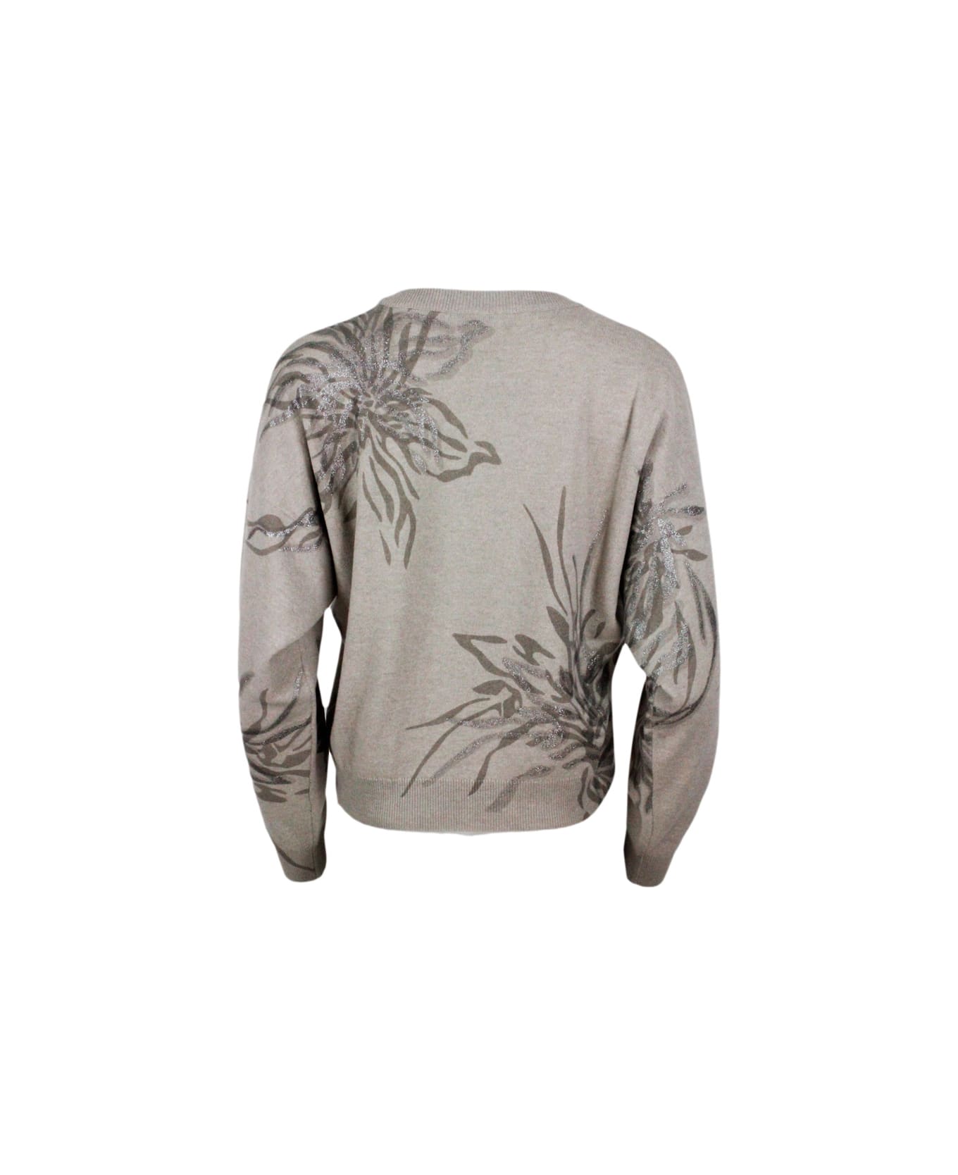 Brunello Cucinelli Long-sleeved Round-neck Wool, Silk And Cashmere Sweater With Flower Print Embellished With Lurex - Nut フリース