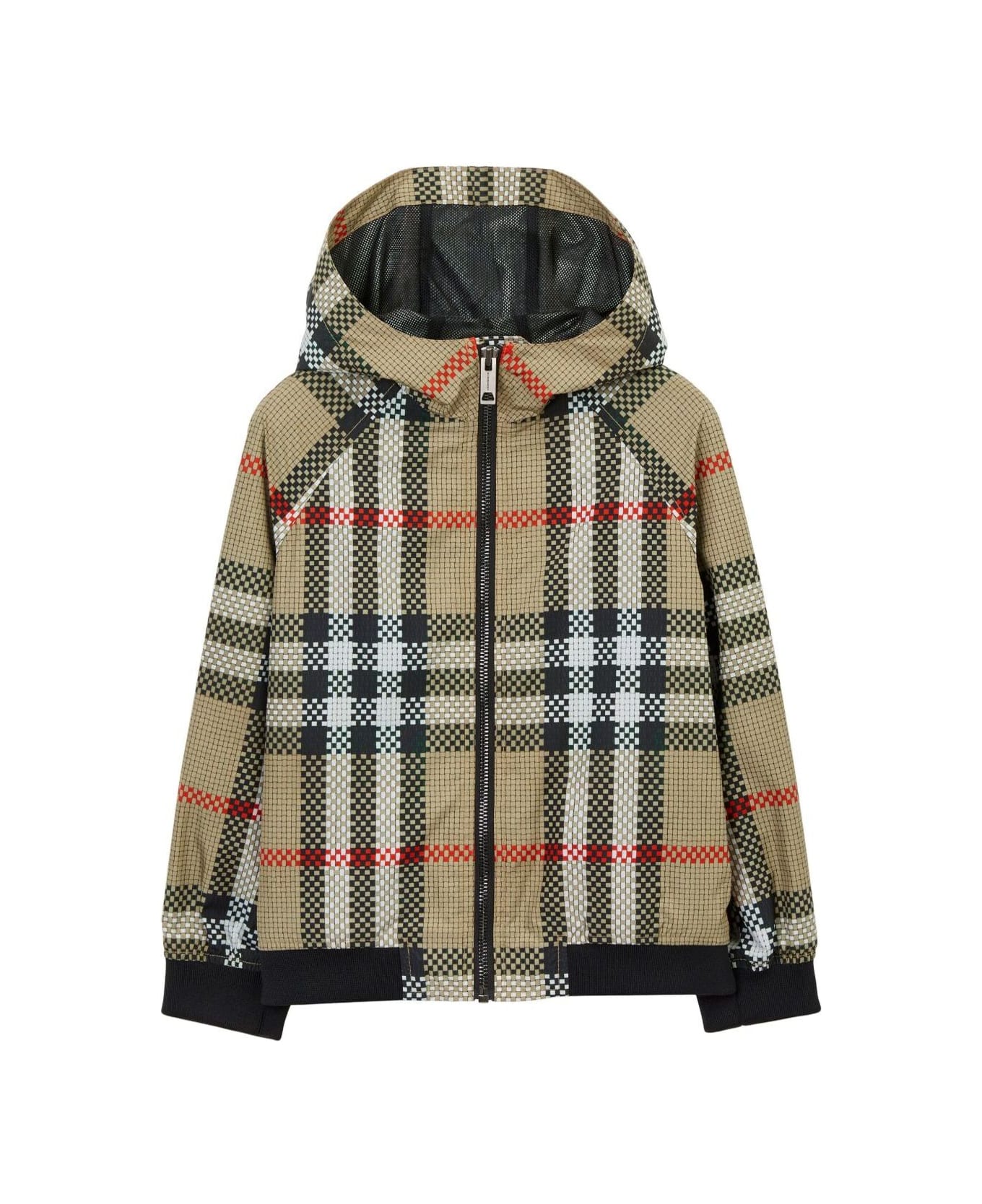 Burberry 'troy' Beige Hooded Jacket With Vintage Check Print In Nylon Boy - BEIGE