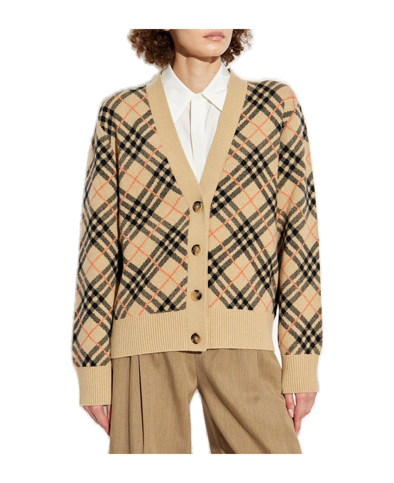 Burberry Checked V-neck Buttoned Cardigan - SAND IP CHECK