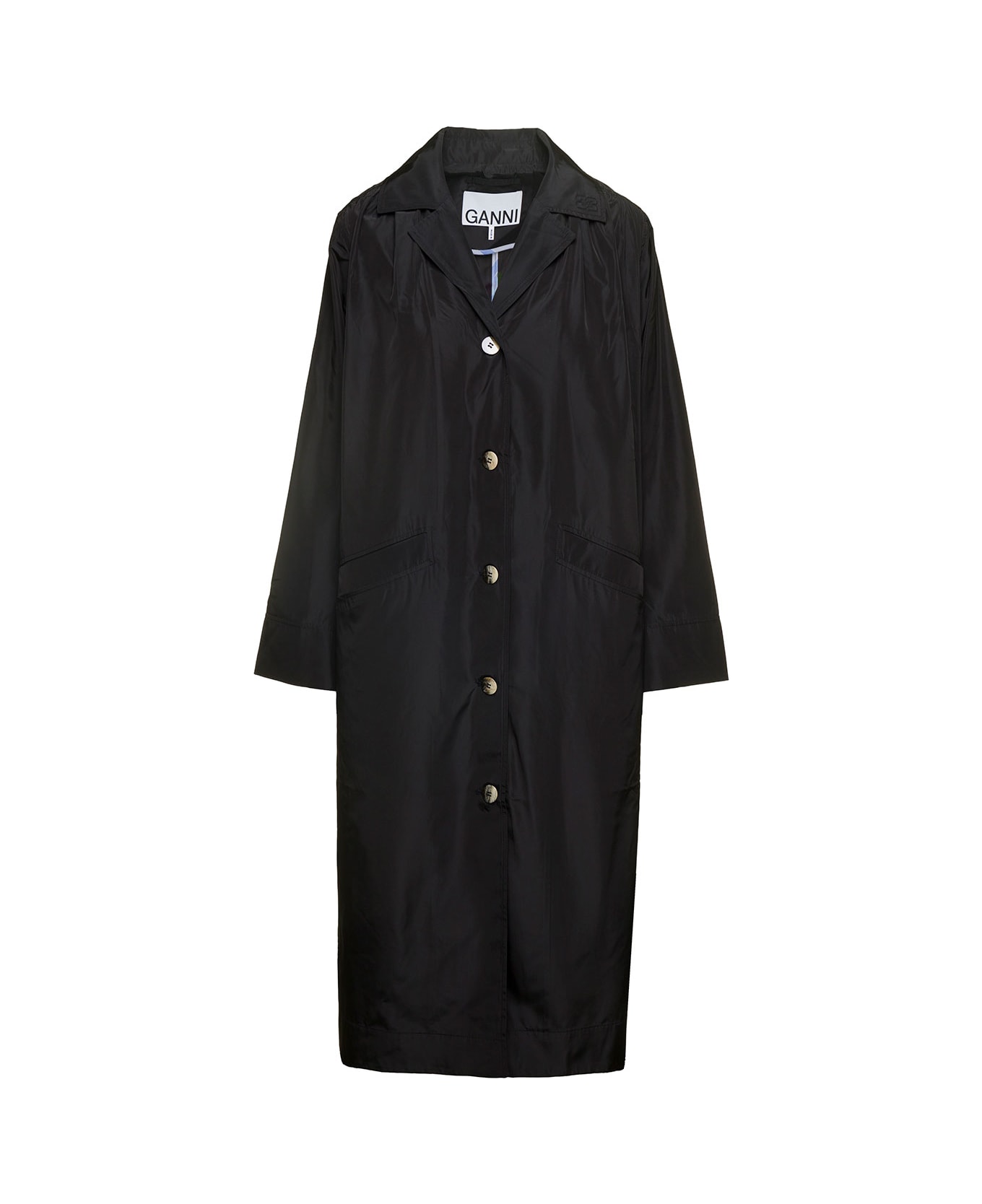 Ganni 'summer' Long Black Single-breasted Trench Coat With Buttons And Patch Pockets In Recycled Tech Fabric Woman - Black レインコート