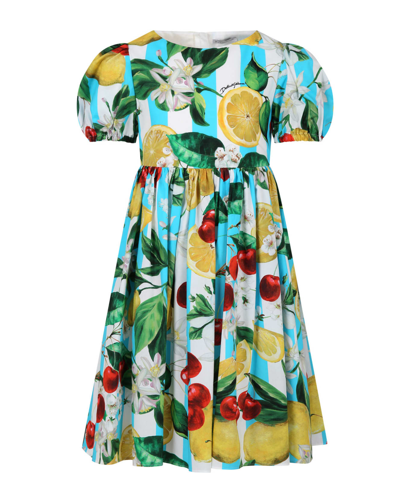 Dolce & Gabbana Multicolor Dress For Girl With All-over Flowers And Fruits - Multicolor ワンピース＆ドレス