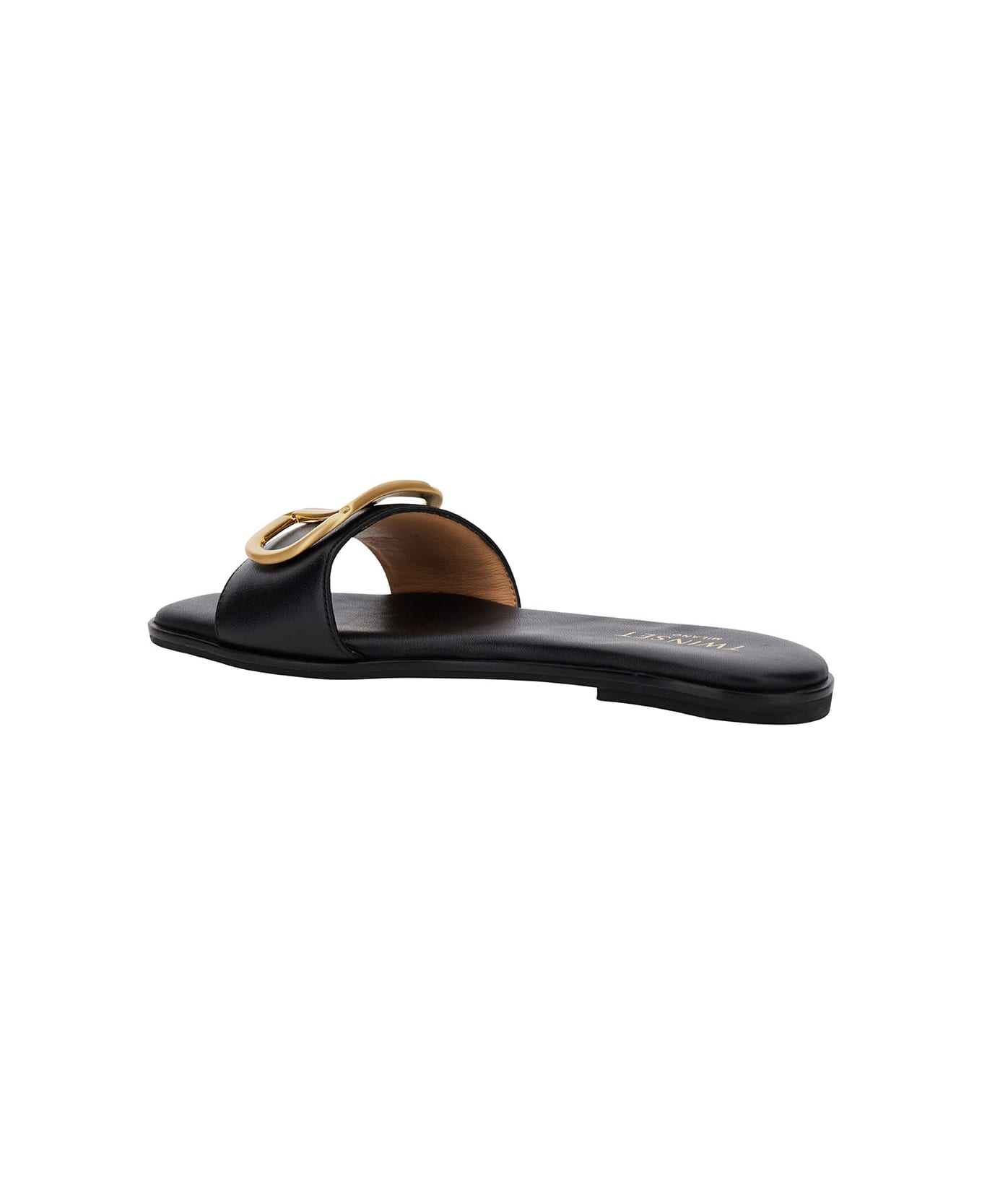 TwinSet Black Flat Mules With Oval T Logo In Smooth Leather Woman - Black