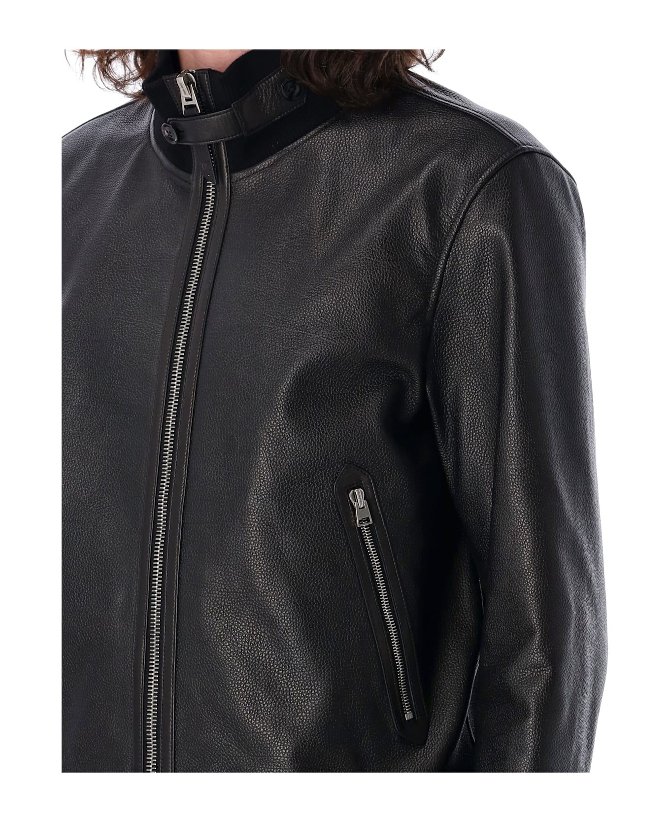 Tom Ford Grain Leather Funnel Bomber - BLACK
