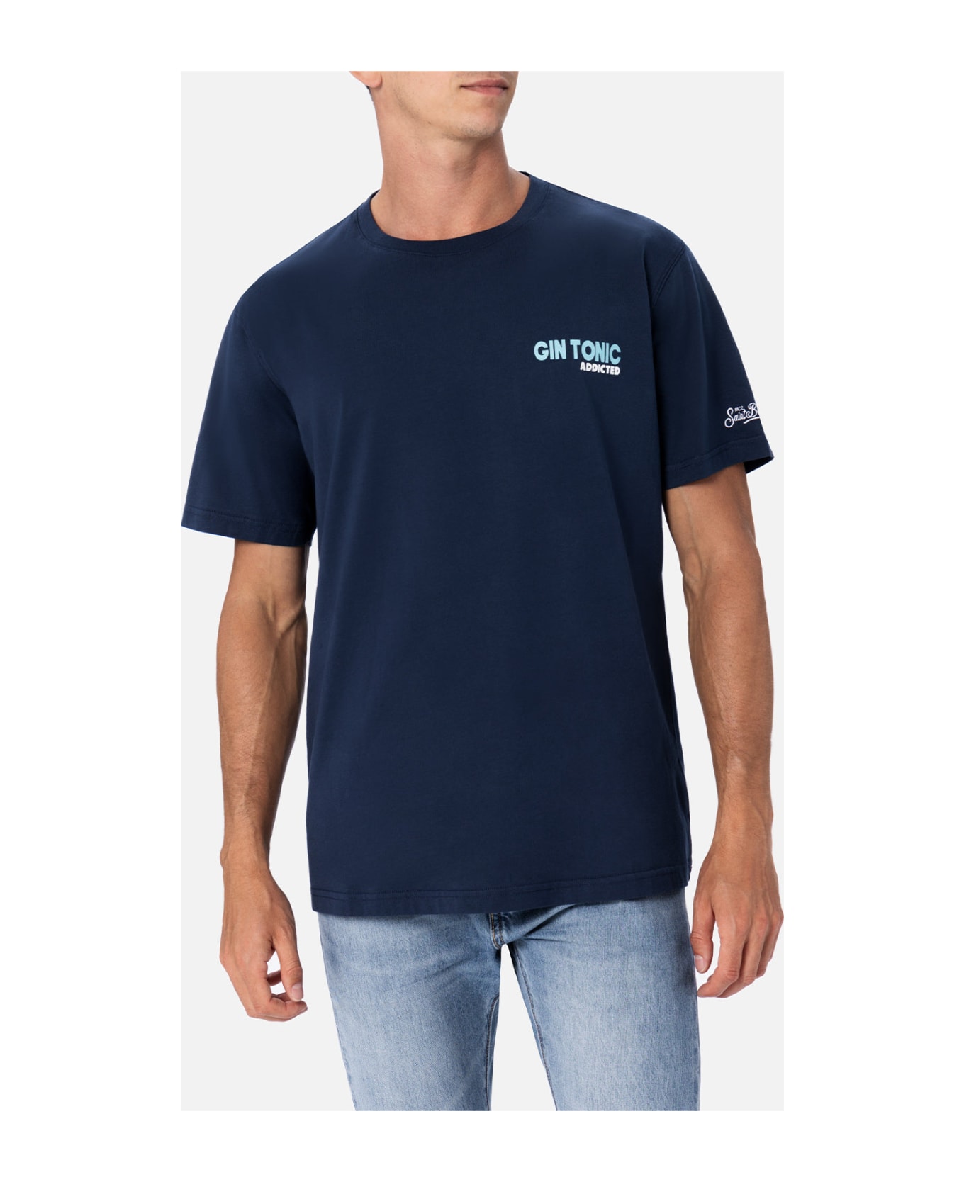 MC2 Saint Barth Man Cotton T-shirt With Gin Tonic Addicted Placed Print - BLUE