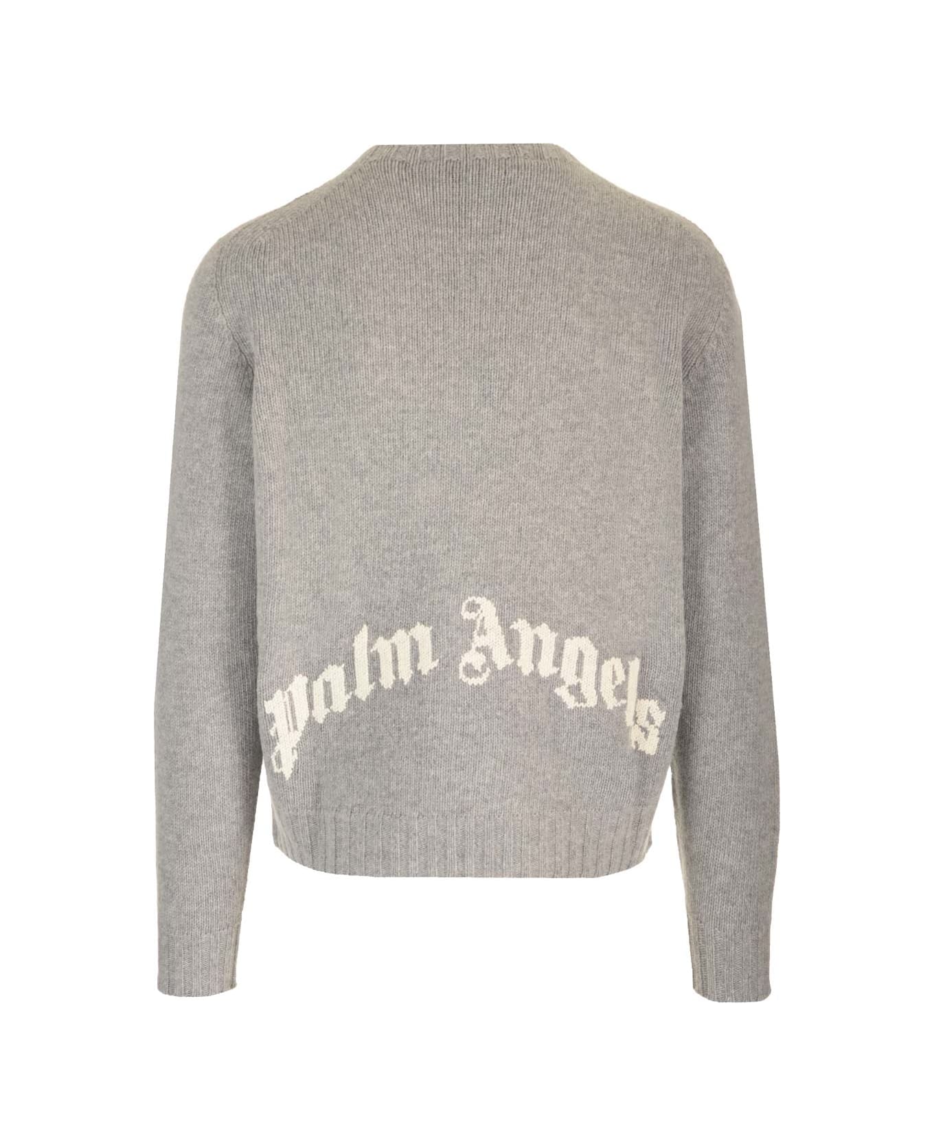 Palm Angels Wool Sweater With Curved Logo - grey