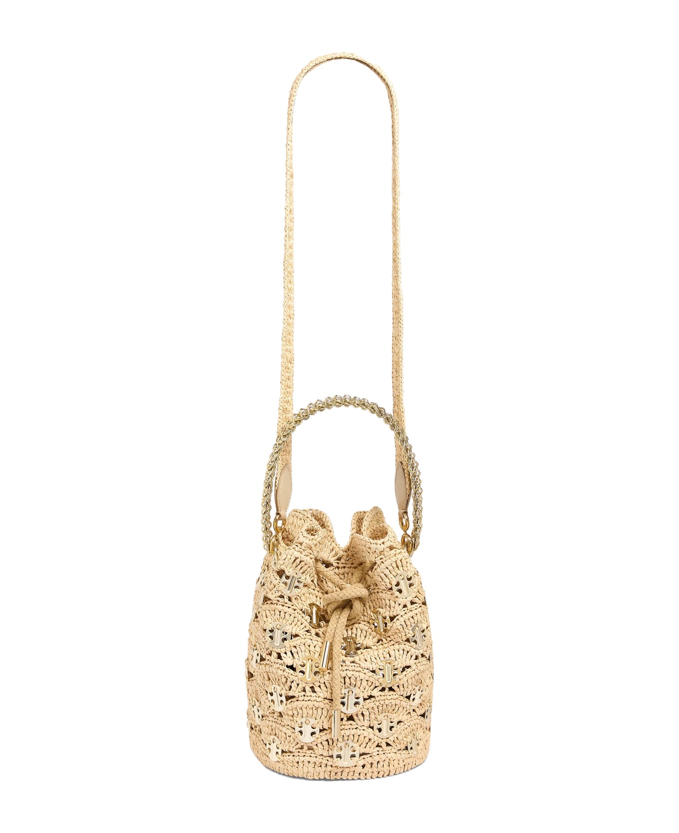 Paco Rabanne Paco Bucket Bag In Natural Raffia With 1969 Discs - Brown