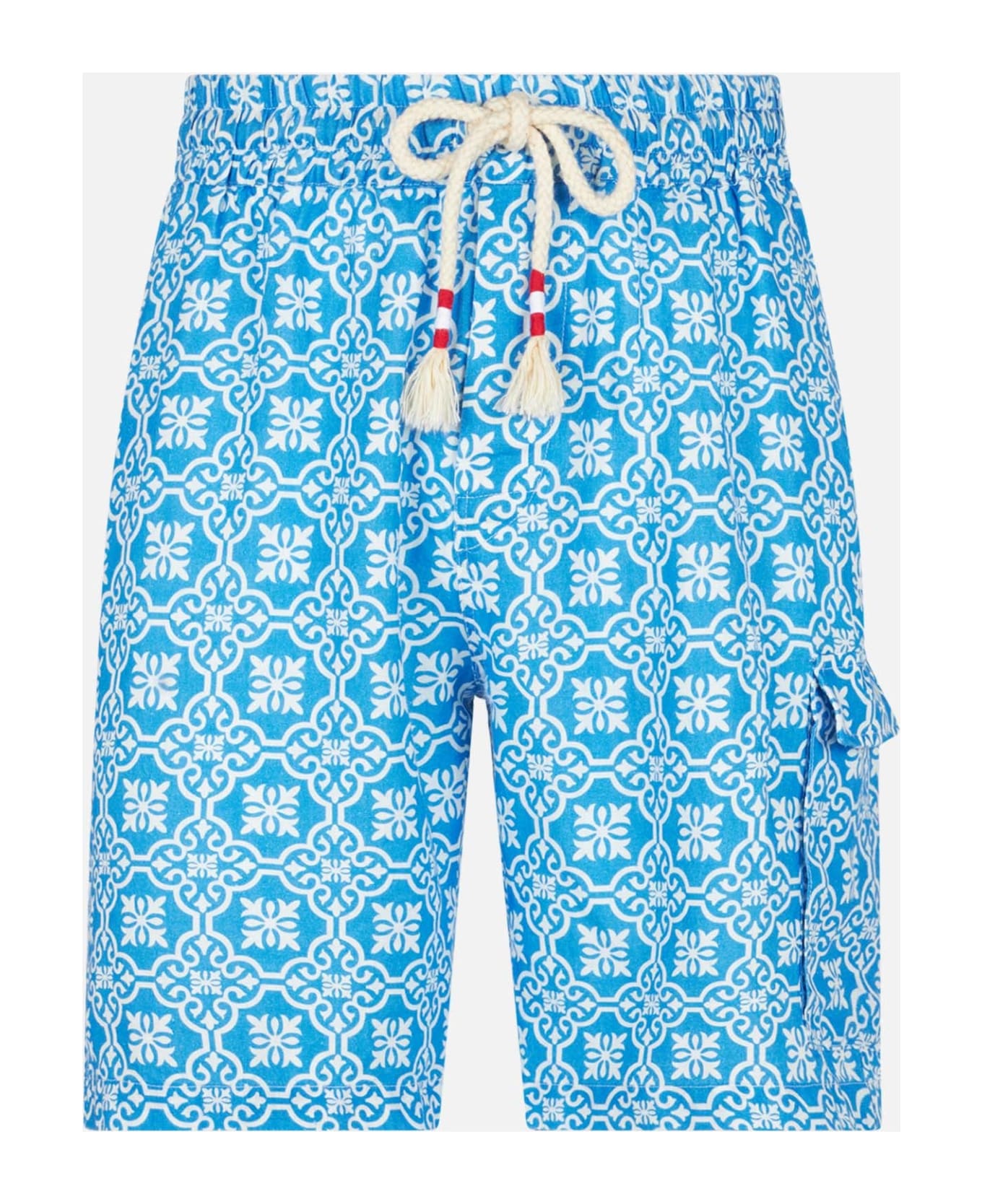 MC2 Saint Barth Man Linen Bermuda Shorts With White And Light Blue Majolica Print - BLUE