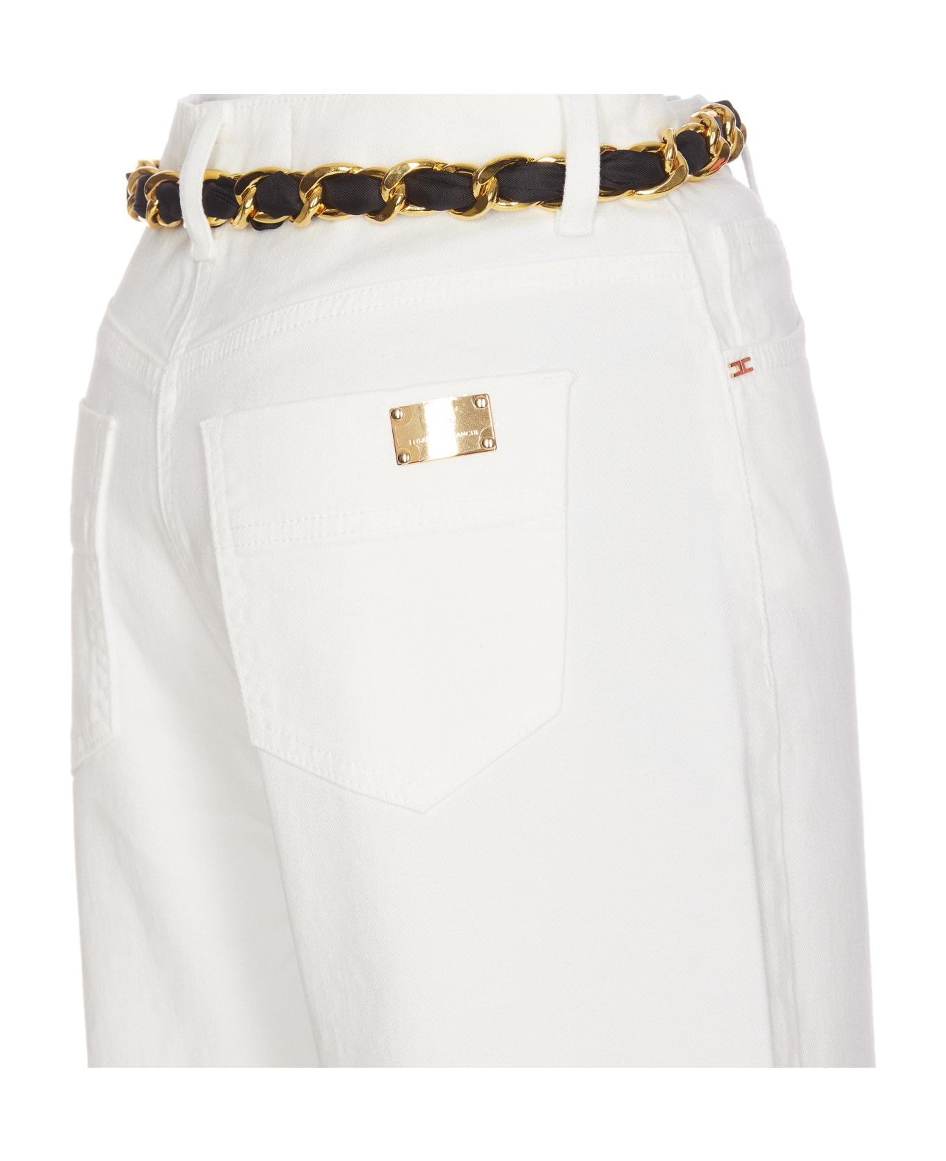 Elisabetta Franchi Cropped Wide Jeans With Chain Belt - Ivory