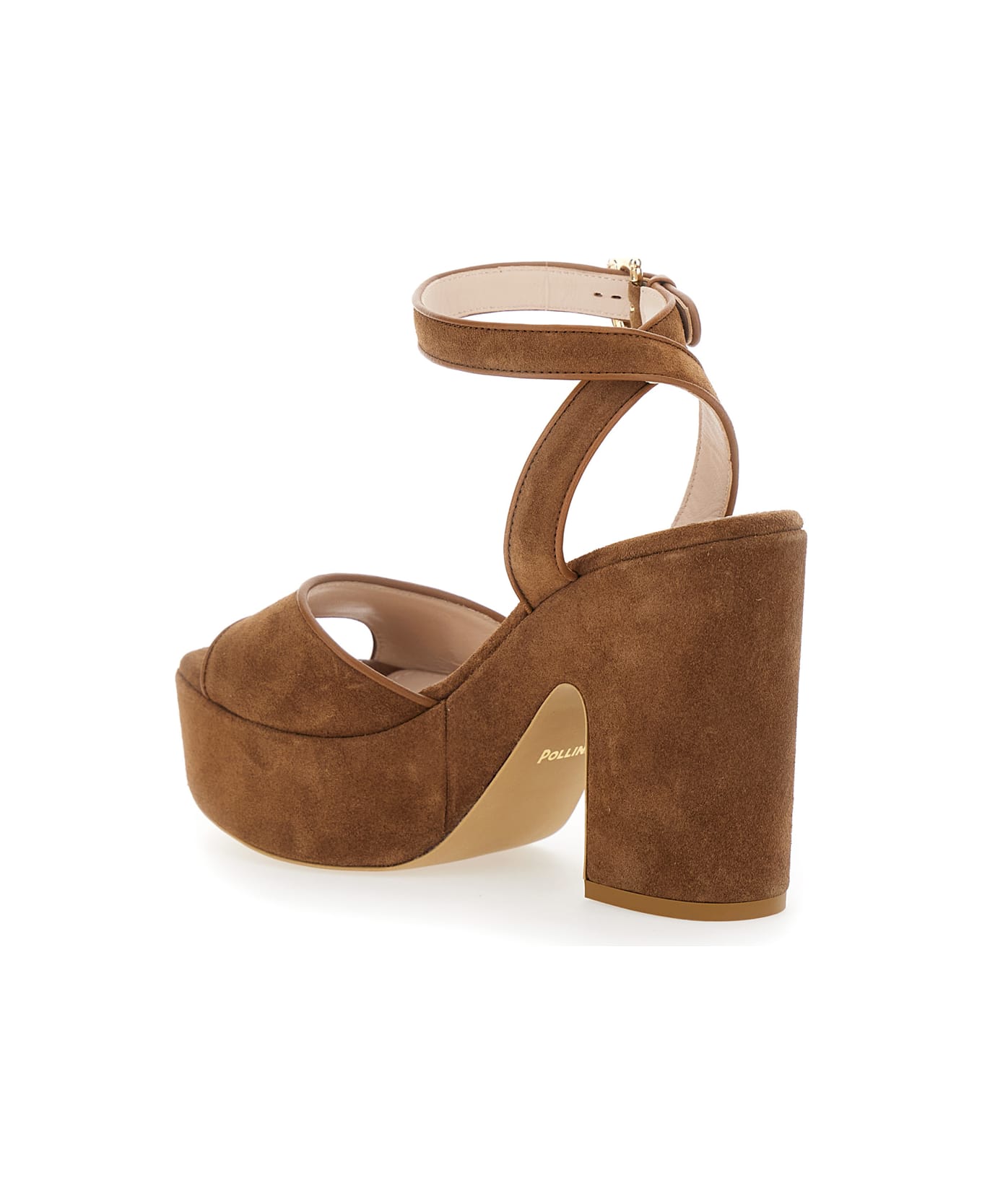 Pollini Brown Sandals With Ankle Strap And Platform With Chunky Heel In Suede Woman - Brown