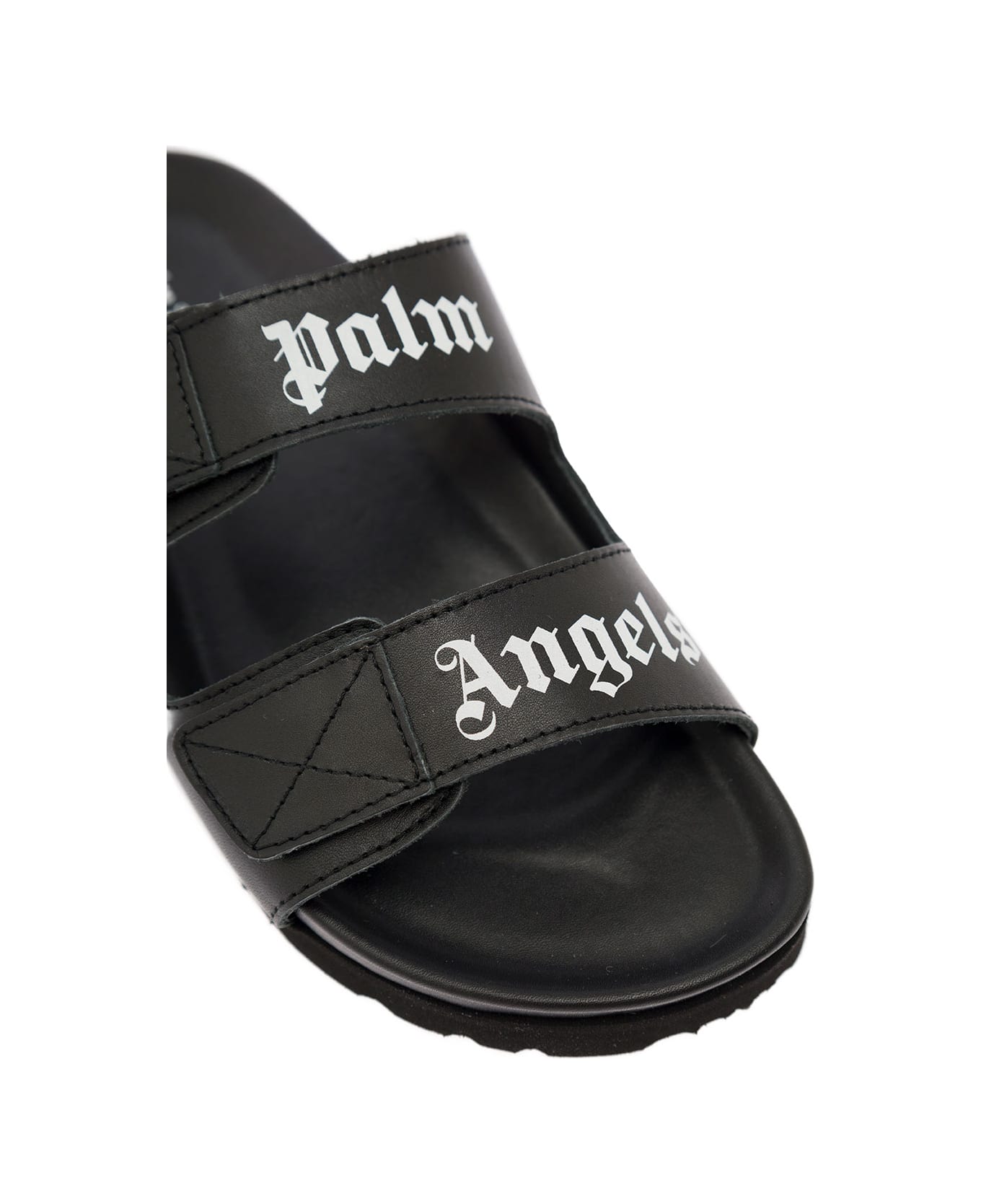 Palm Angels Slides With Logo And Touch Strap In Black Leather Woman - Black
