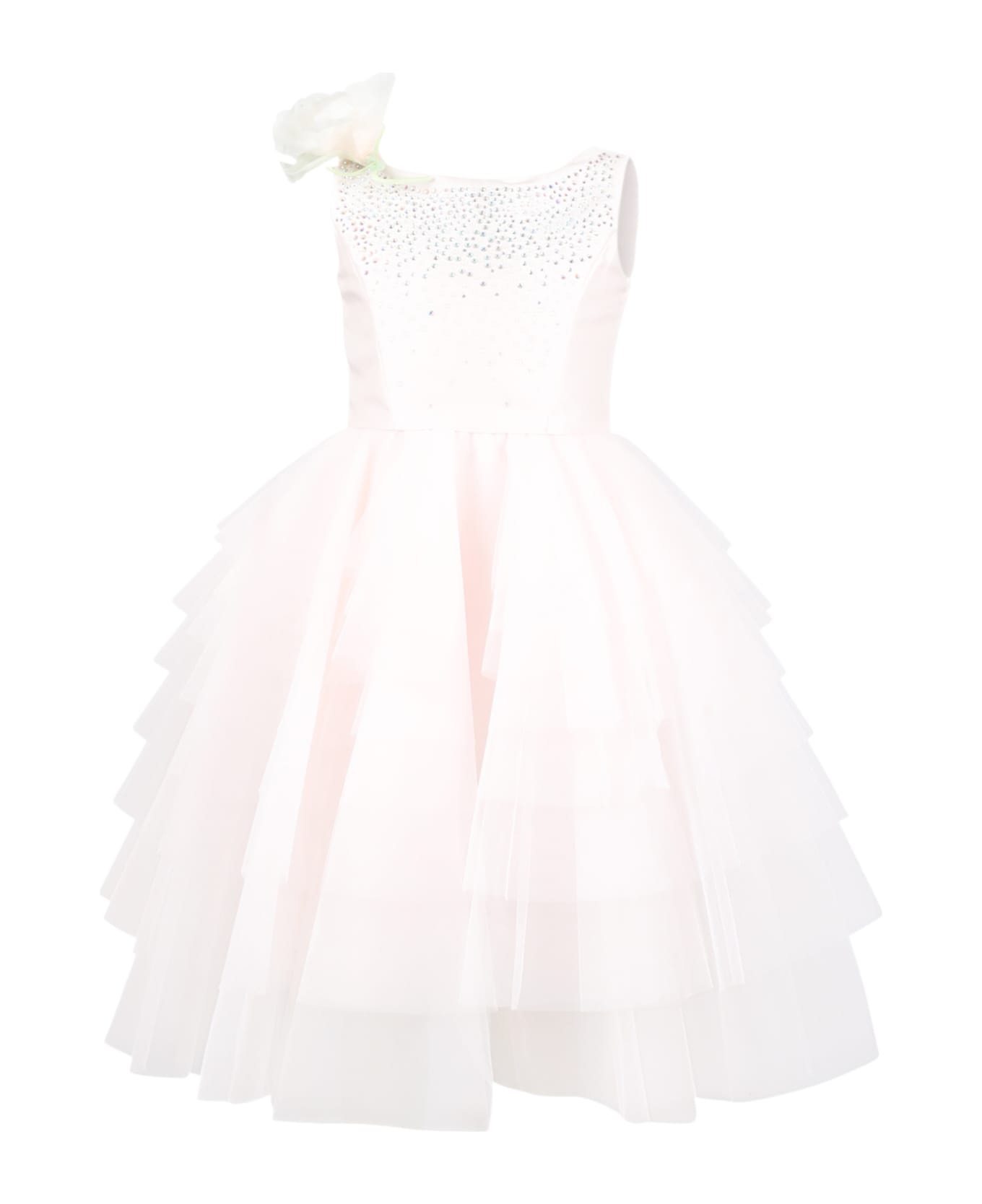 Monnalisa Pink Dress For Girl With Rhinestones And Flowers - Pink ワンピース＆ドレス