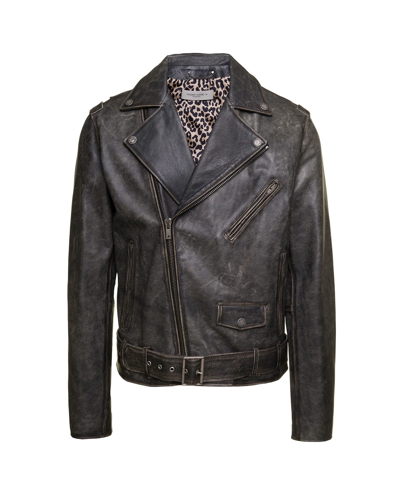 Golden Goose Black Biker Jacket With Leopard Lining Leather Man - Black