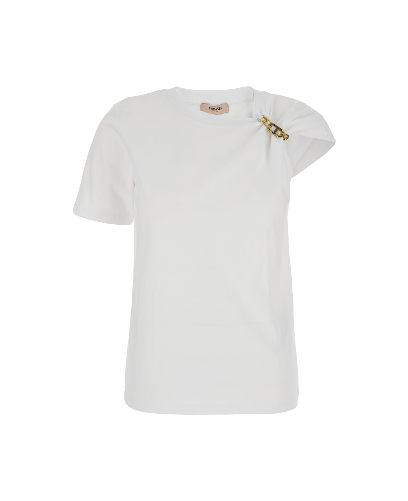 TwinSet White T-shirt With Round Neck And Chain Detail On The Neckline In Cotton Woman - White