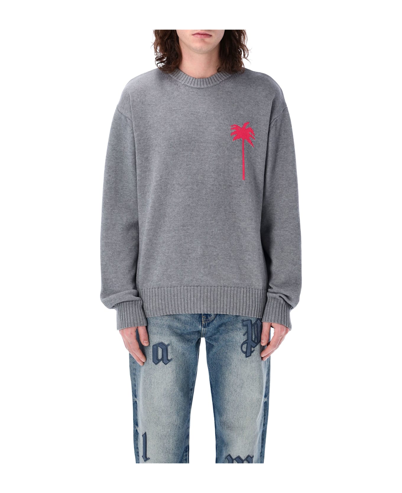 Palm Angels Palm Inlay Knit Sweater - GREY MELANGE
