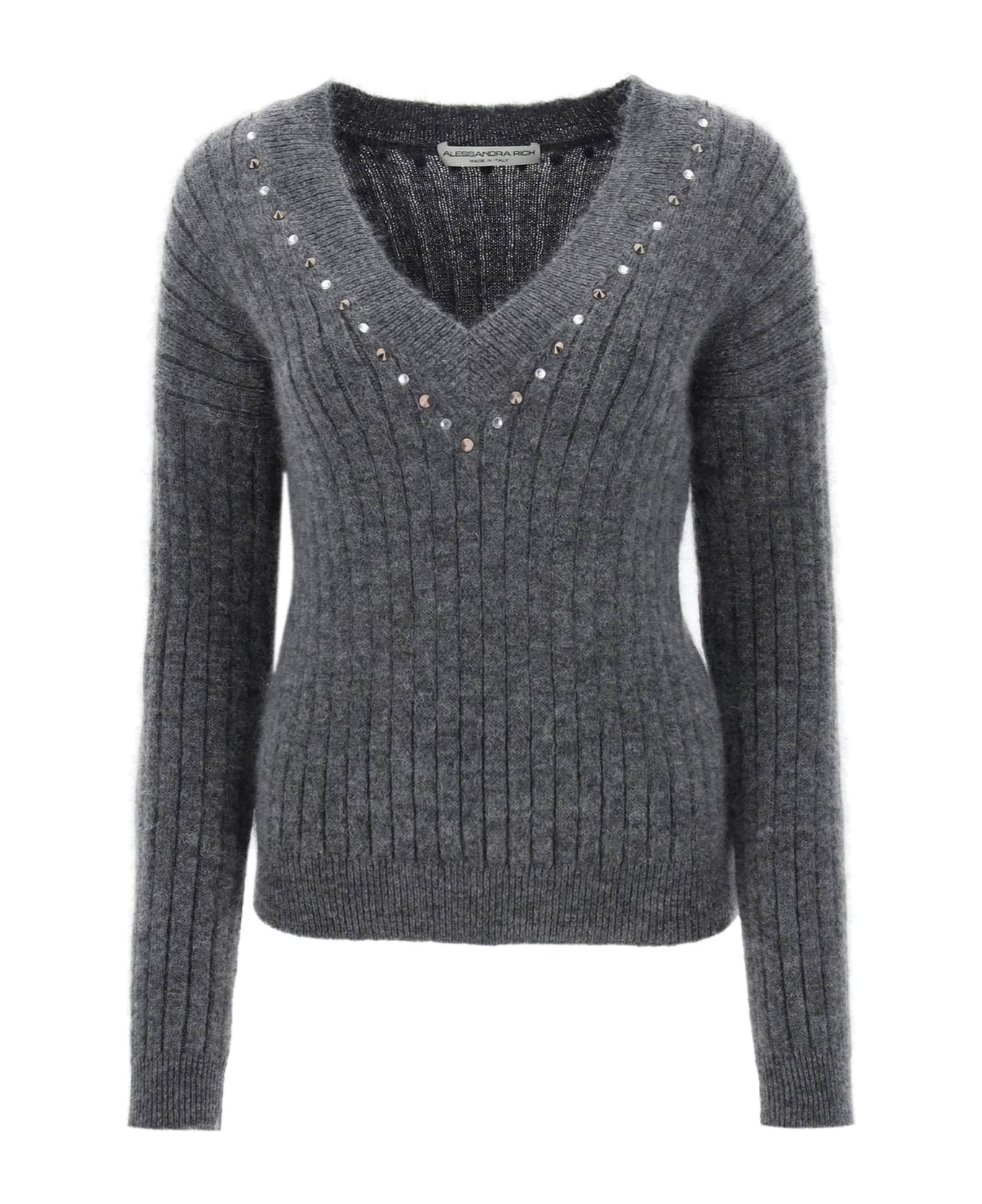 Alessandra Rich Wool Knit Sweater With Studs And Crystals - GREY MELANGE (Grey) ニットウェア