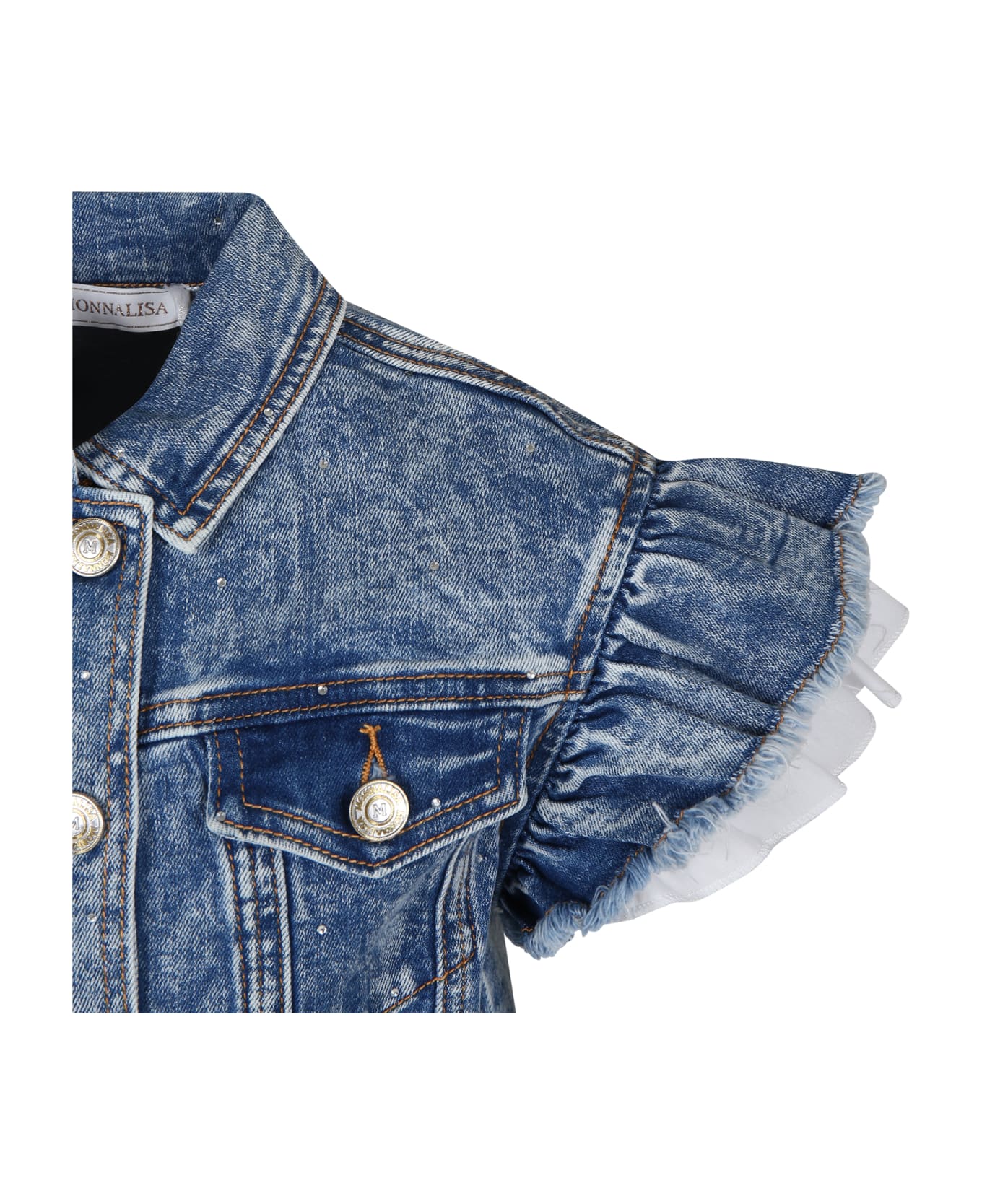 Monnalisa Blue Jacket For Girl With Logo And Rhinestones - Denim