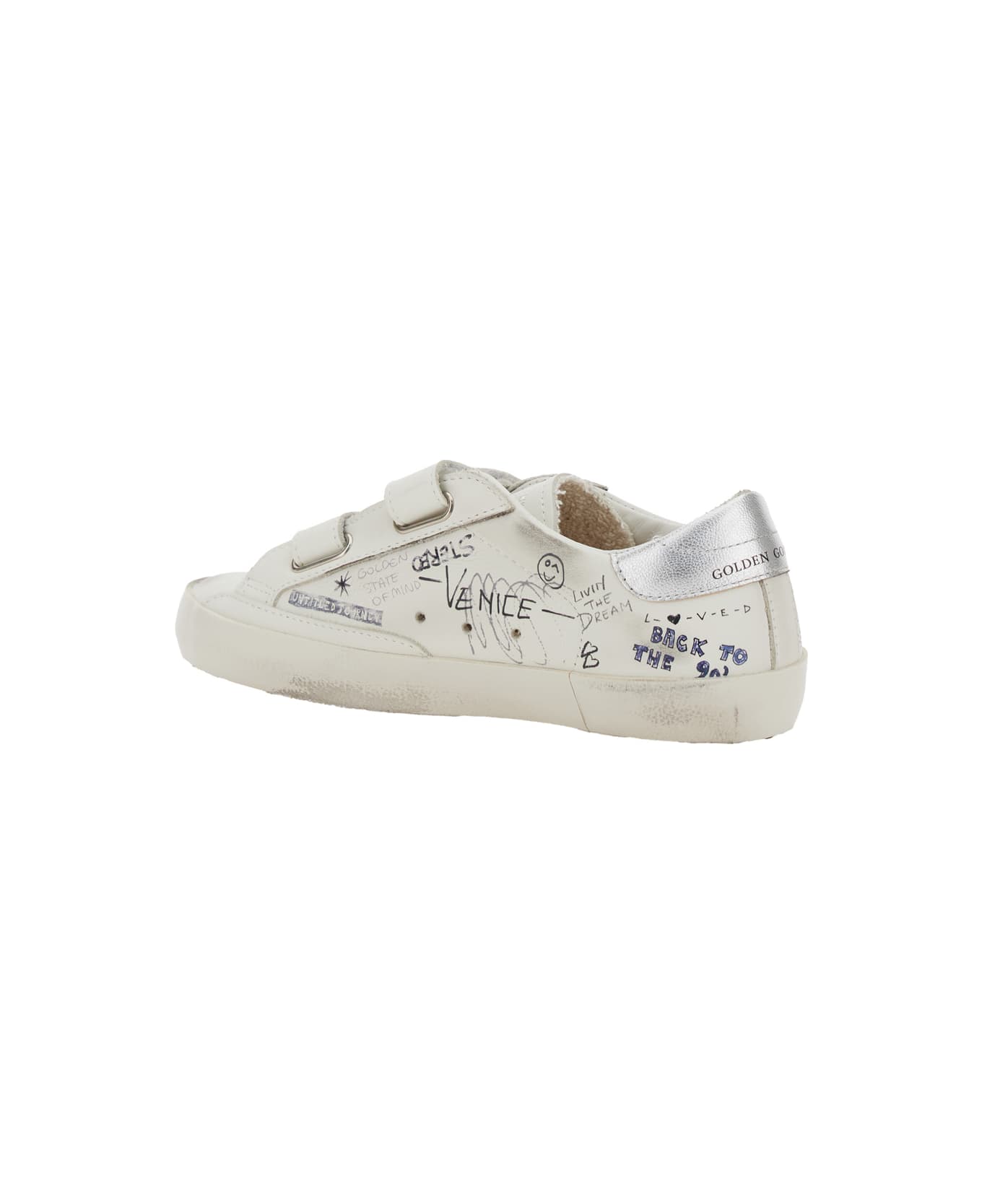 Golden Goose 'old School' White Low-top Sneaker With All-over Writings In Leather For Girls - White
