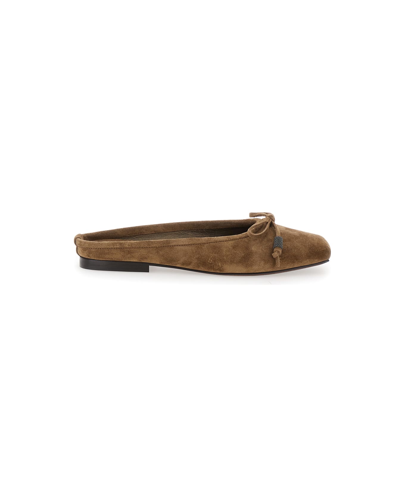 Brunello Cucinelli Beige Ballet Shoes With Square Toe And Bow With Monil Detail In Leather Woman - Beige