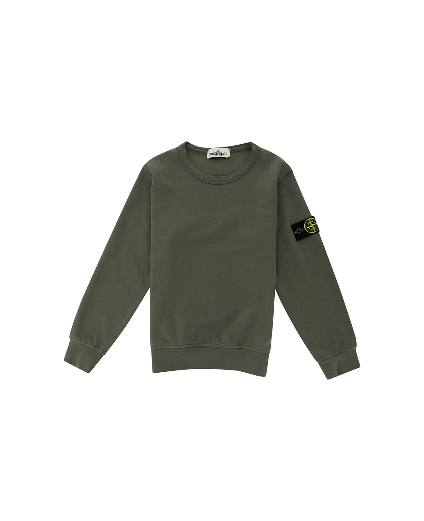 Stone Island Junior Green Crewneck Sweatshirt With Logo Patch In Cotton Boy - Green ニットウェア＆スウェットシャツ