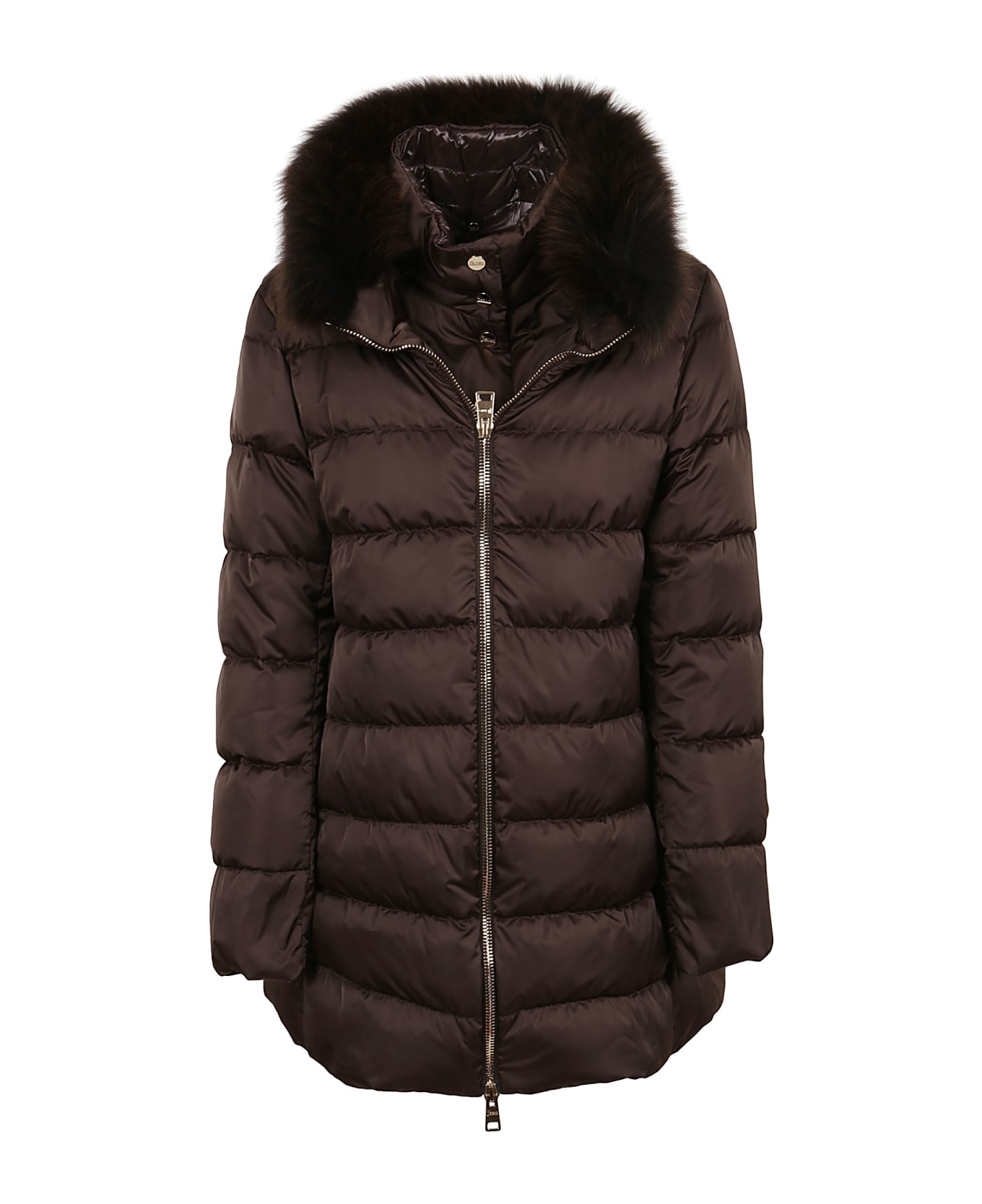 Herno Satin A-shape Jacket With Faux Fur - BROWN